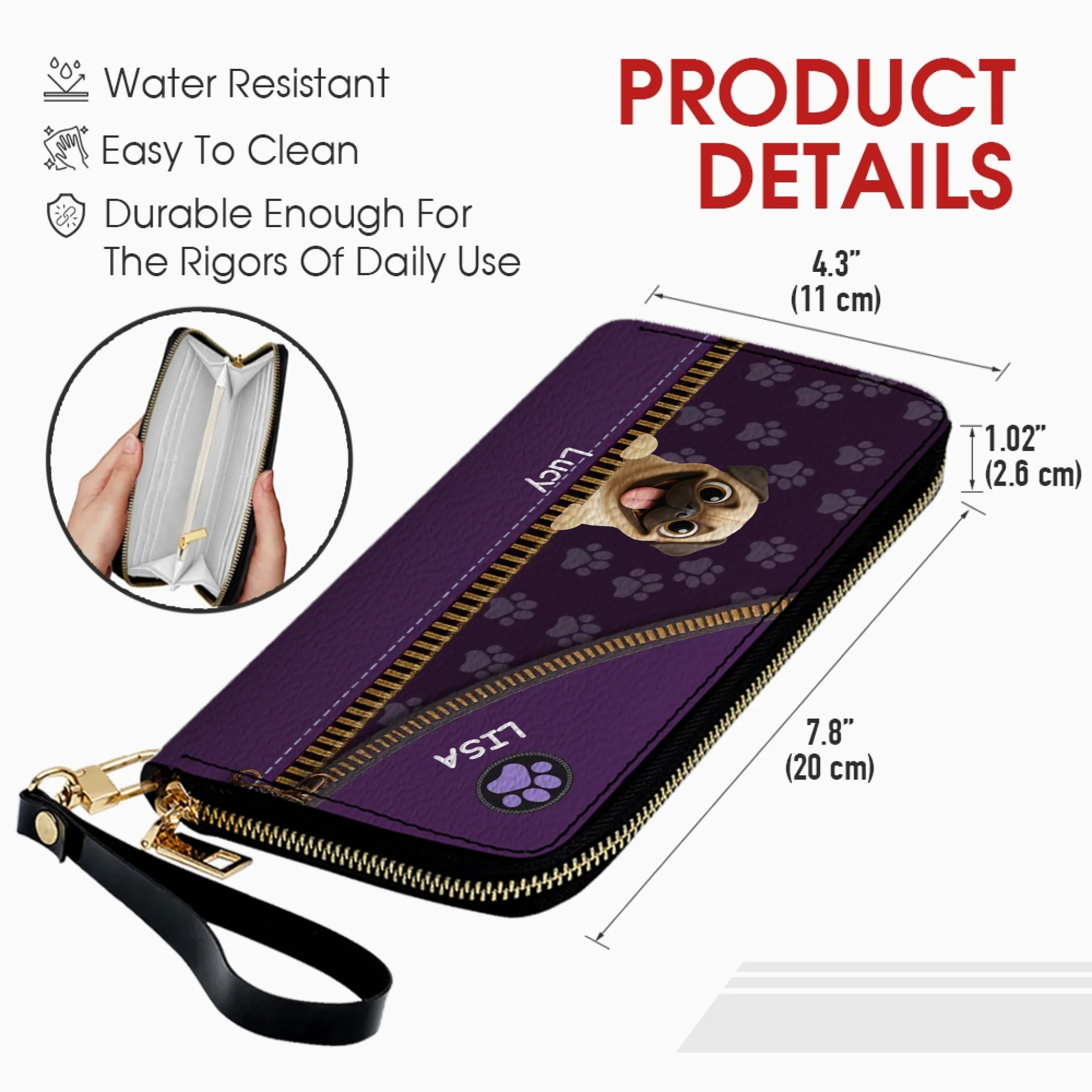 Custom Pug Lover Wallet - Personalized Pet Portrait Leather Purse | 89Prints