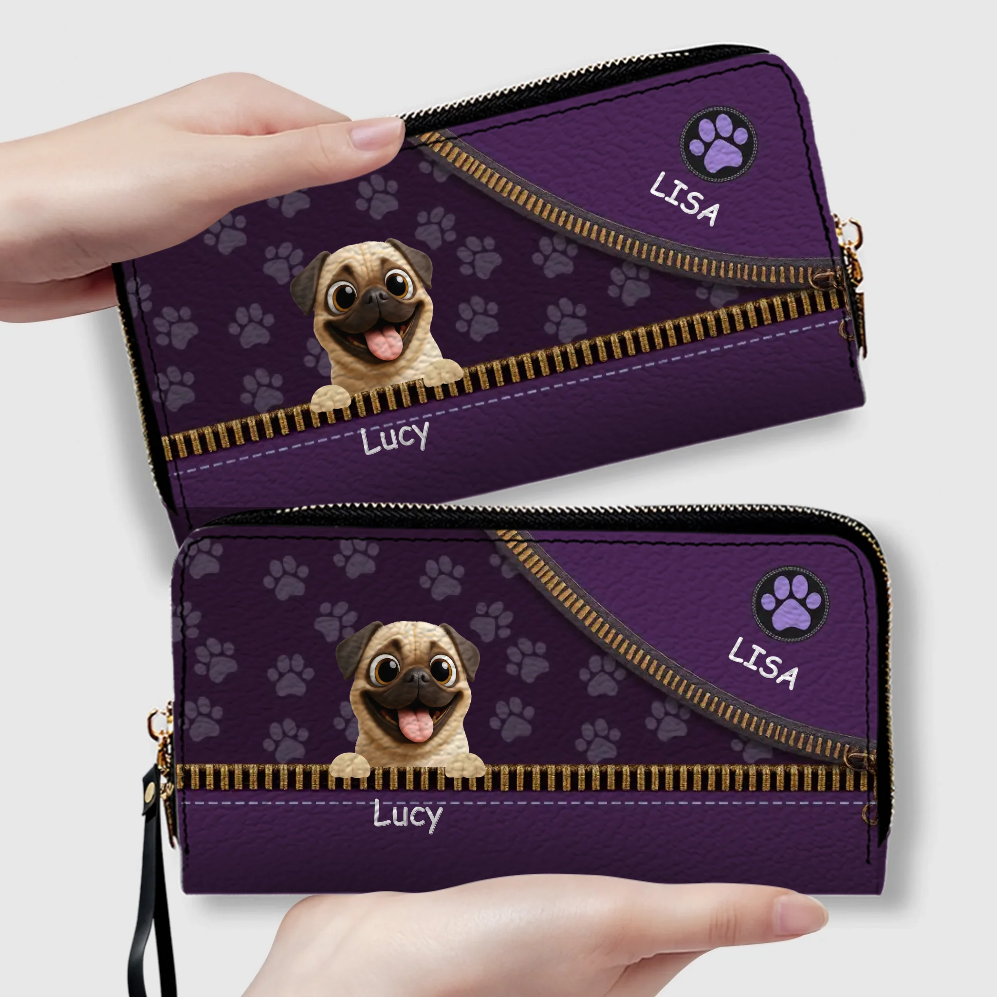 Custom Pug Lover Wallet - Personalized Pet Portrait Leather Purse | 89Prints