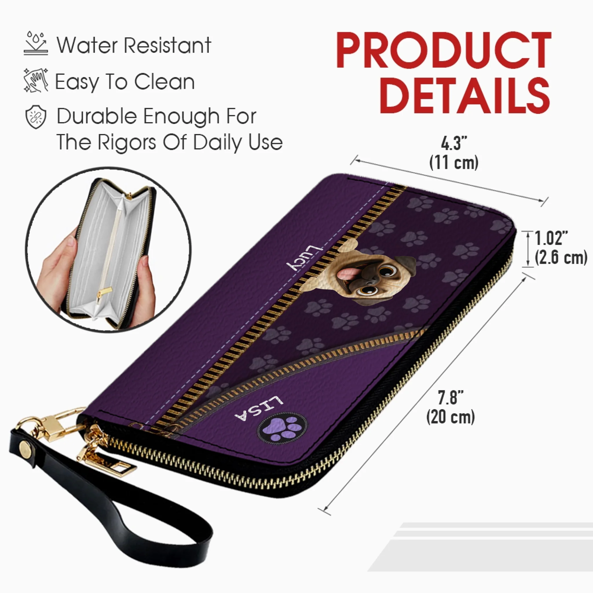 Custom Pug Lover Wallet - Personalized Pet Portrait Leather Purse | 89Prints