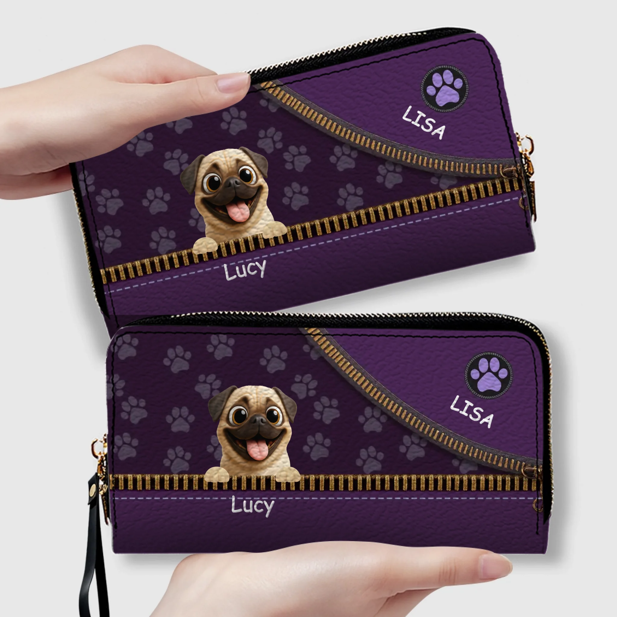 Custom Pug Lover Wallet - Personalized Pet Portrait Leather Purse | 89Prints