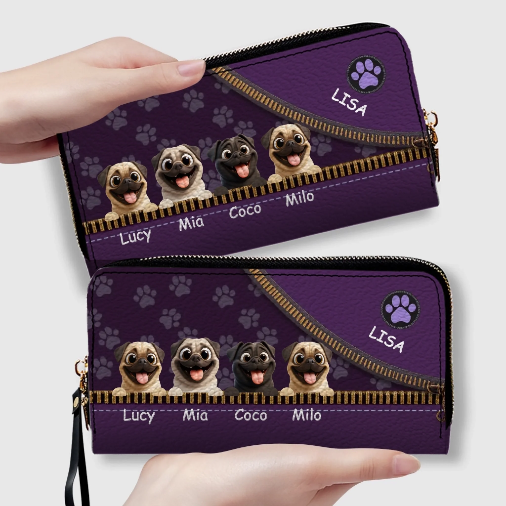 Custom Pug Lover Wallet - Personalized Pet Portrait Leather Purse | 89Prints