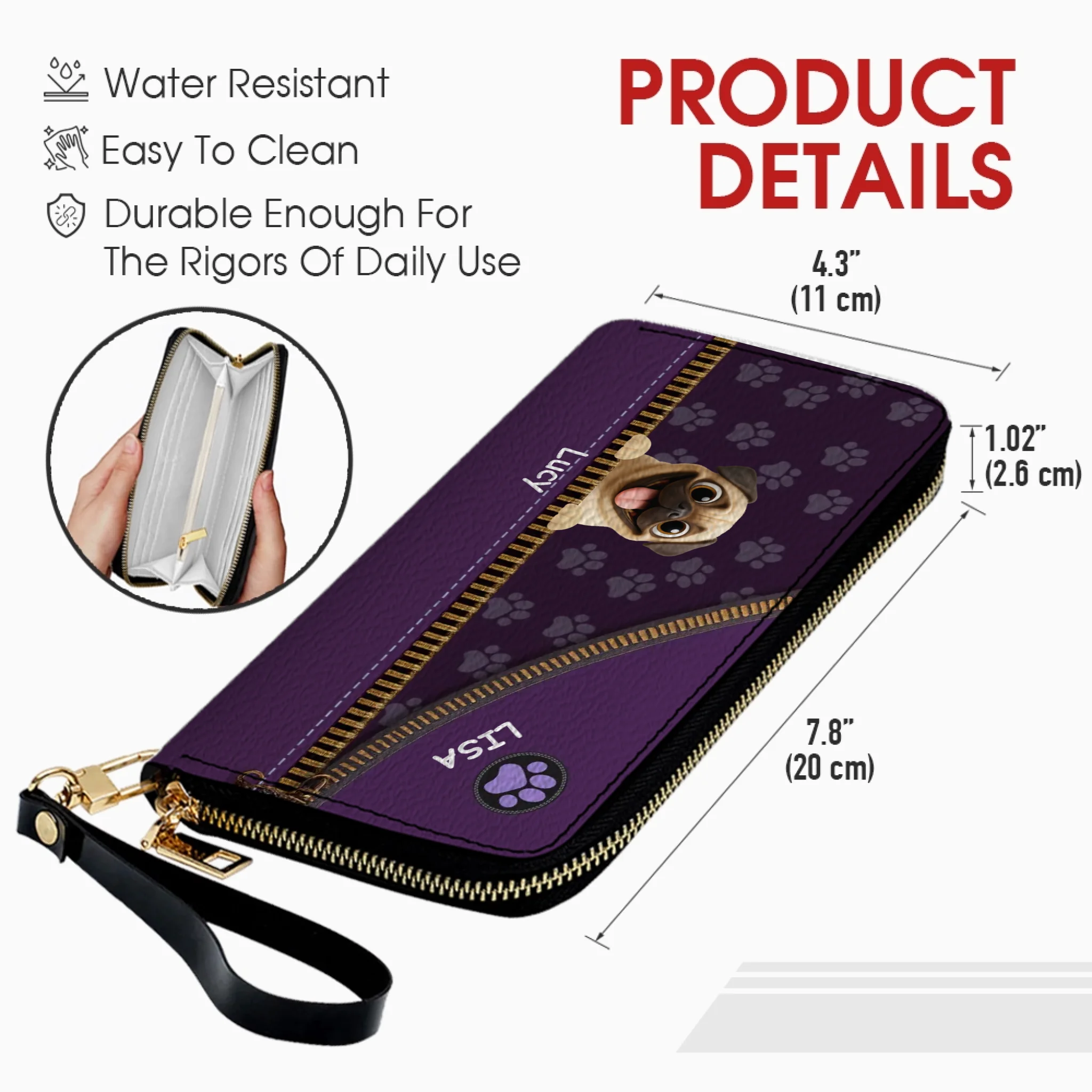 Custom Pug Lover Wallet - Personalized Pet Portrait Leather Purse | 89Prints