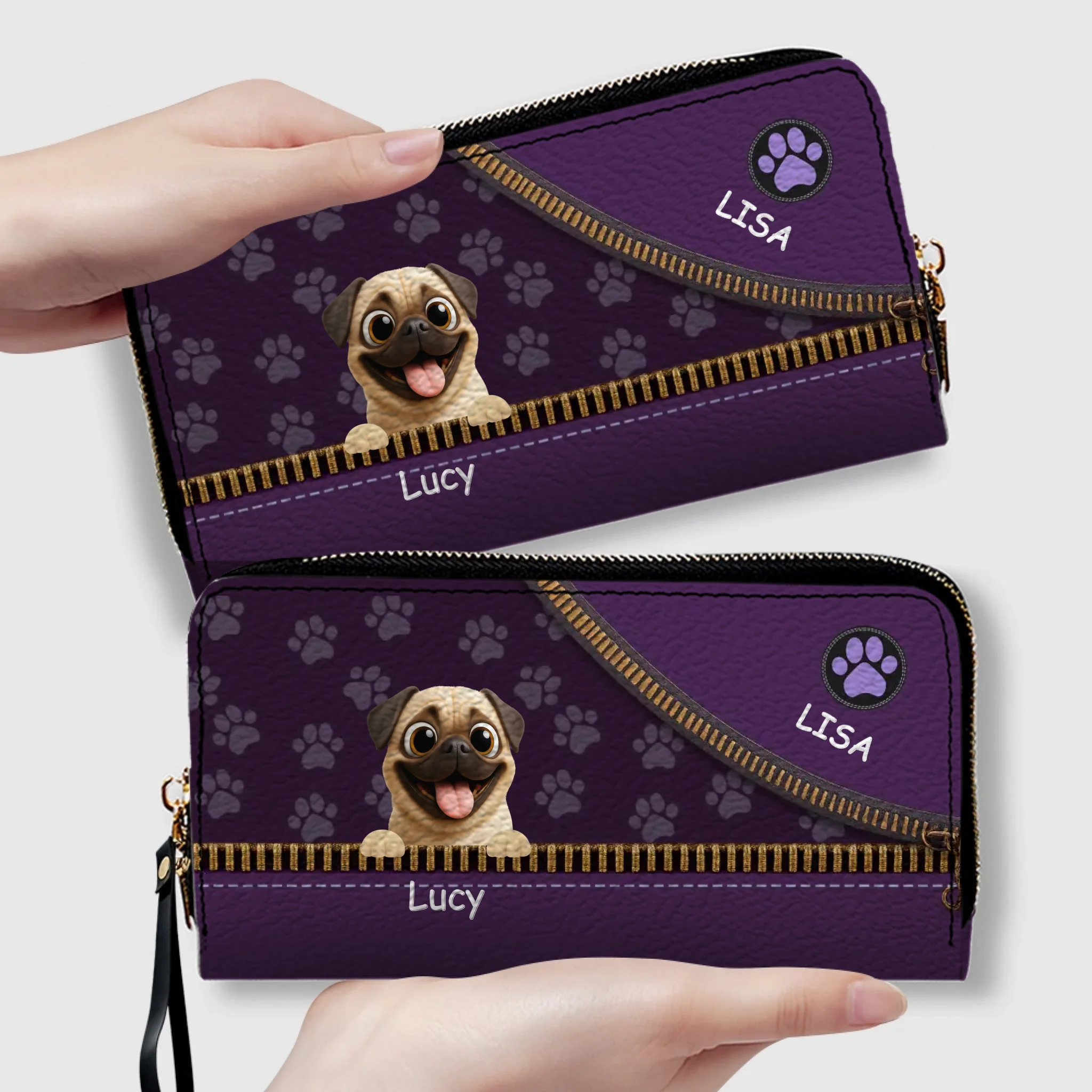 Custom Pug Lover Wallet - Personalized Pet Portrait Leather Purse | 89Prints