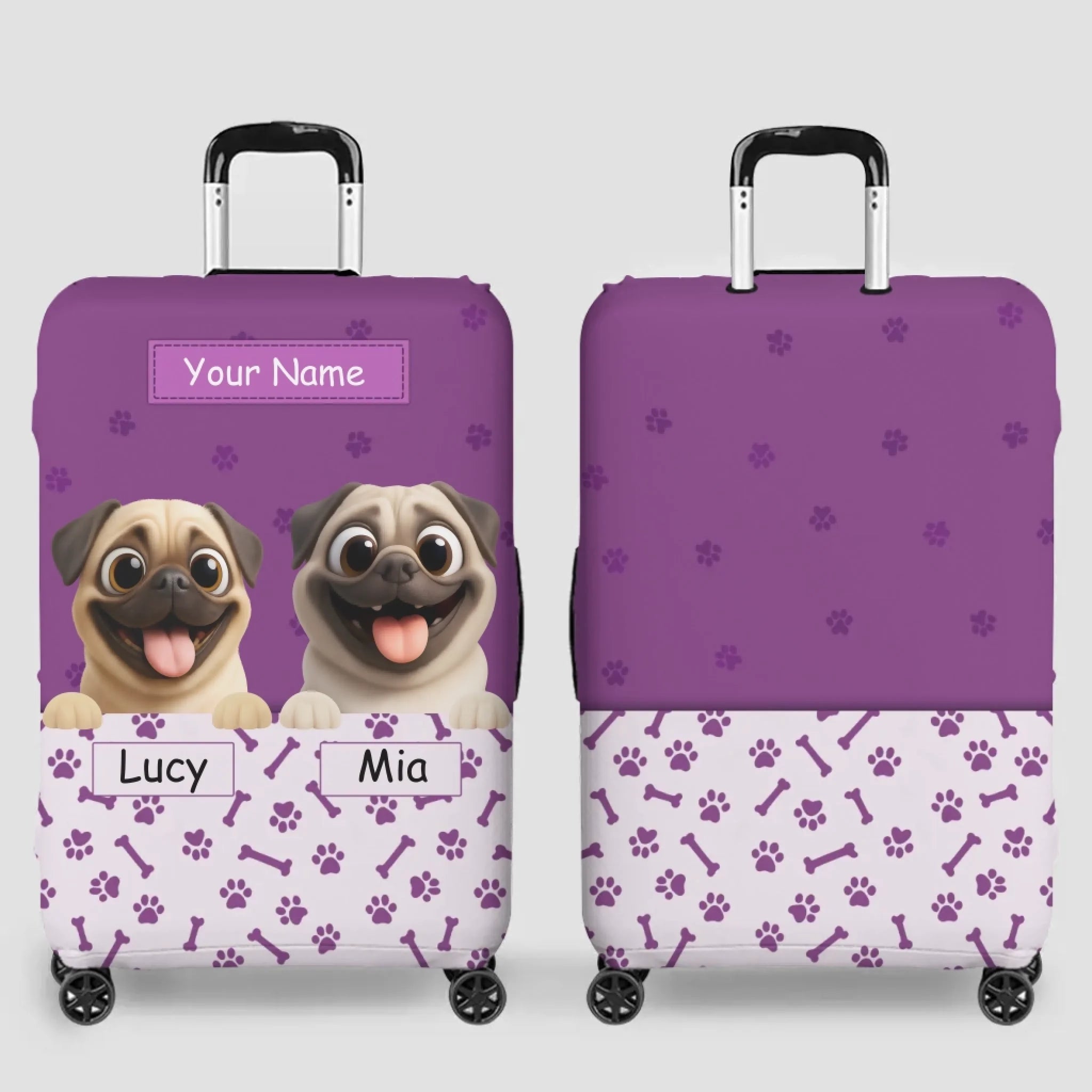 Customized Pug Luggage Cover – Custom Name & Playful Pup Illustration | 89Prints