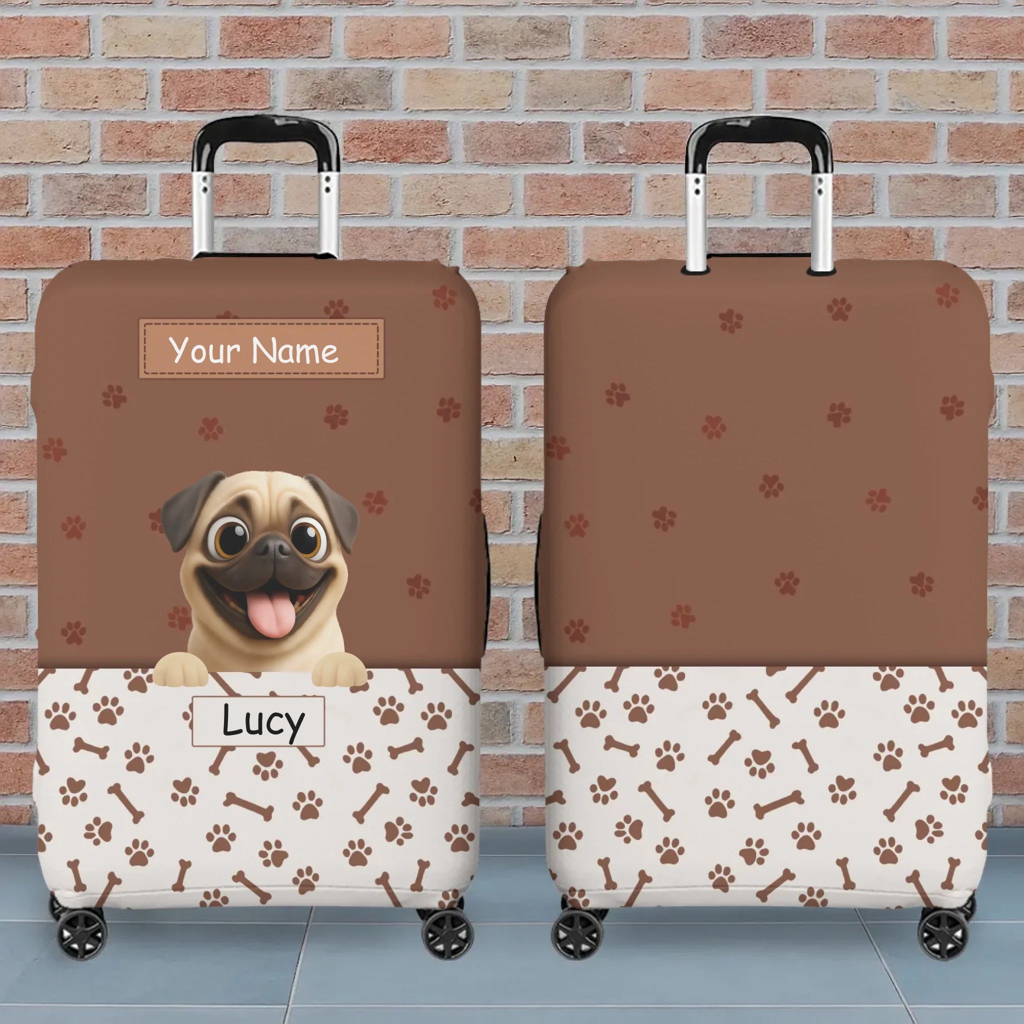 Customized Pug Luggage Cover – Custom Name & Playful Pup Illustration | 89Prints