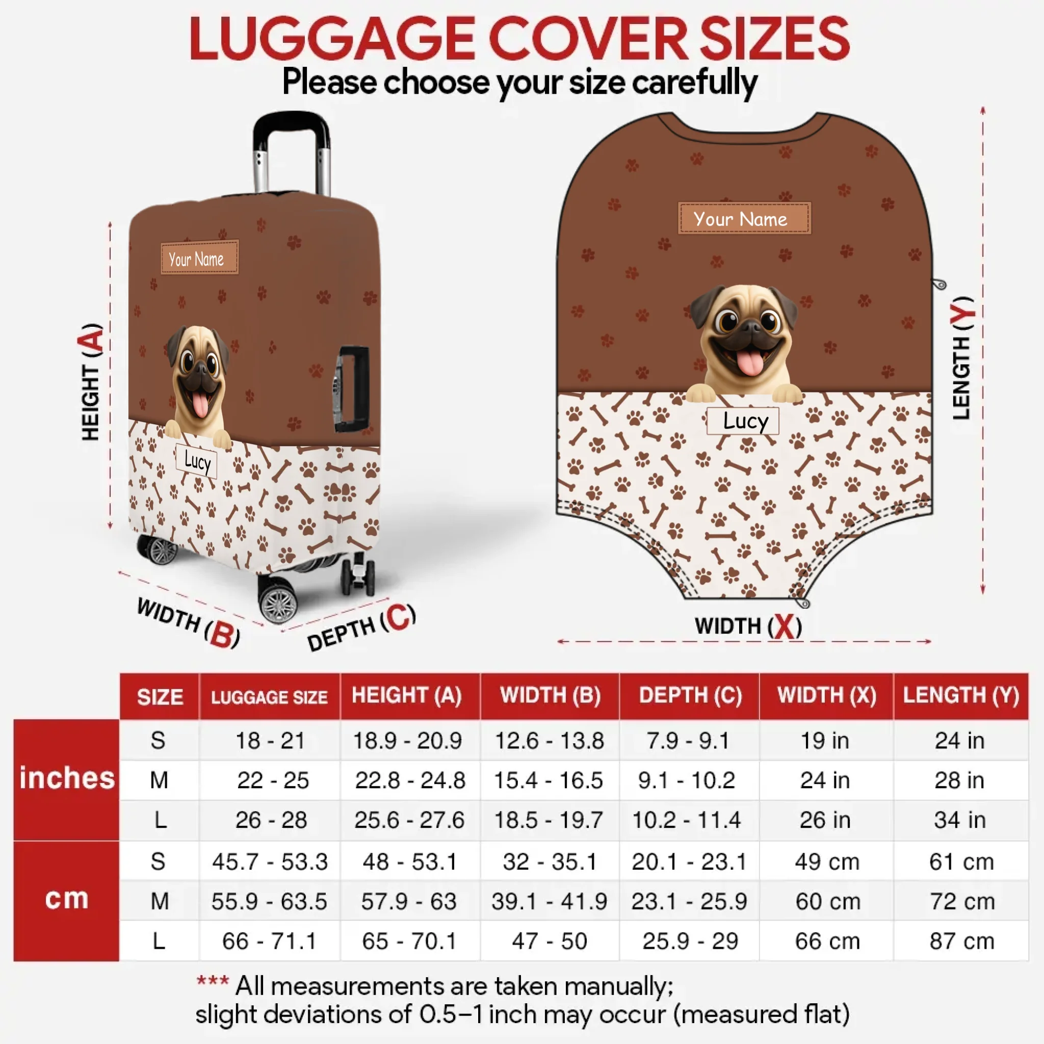 Customized Pug Luggage Cover – Custom Name & Playful Pup Illustration | 89Prints