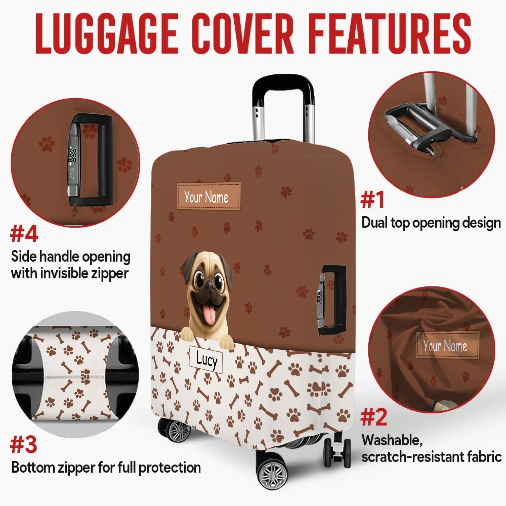 Customized Pug Luggage Cover – Custom Name & Playful Pup Illustration | 89Prints