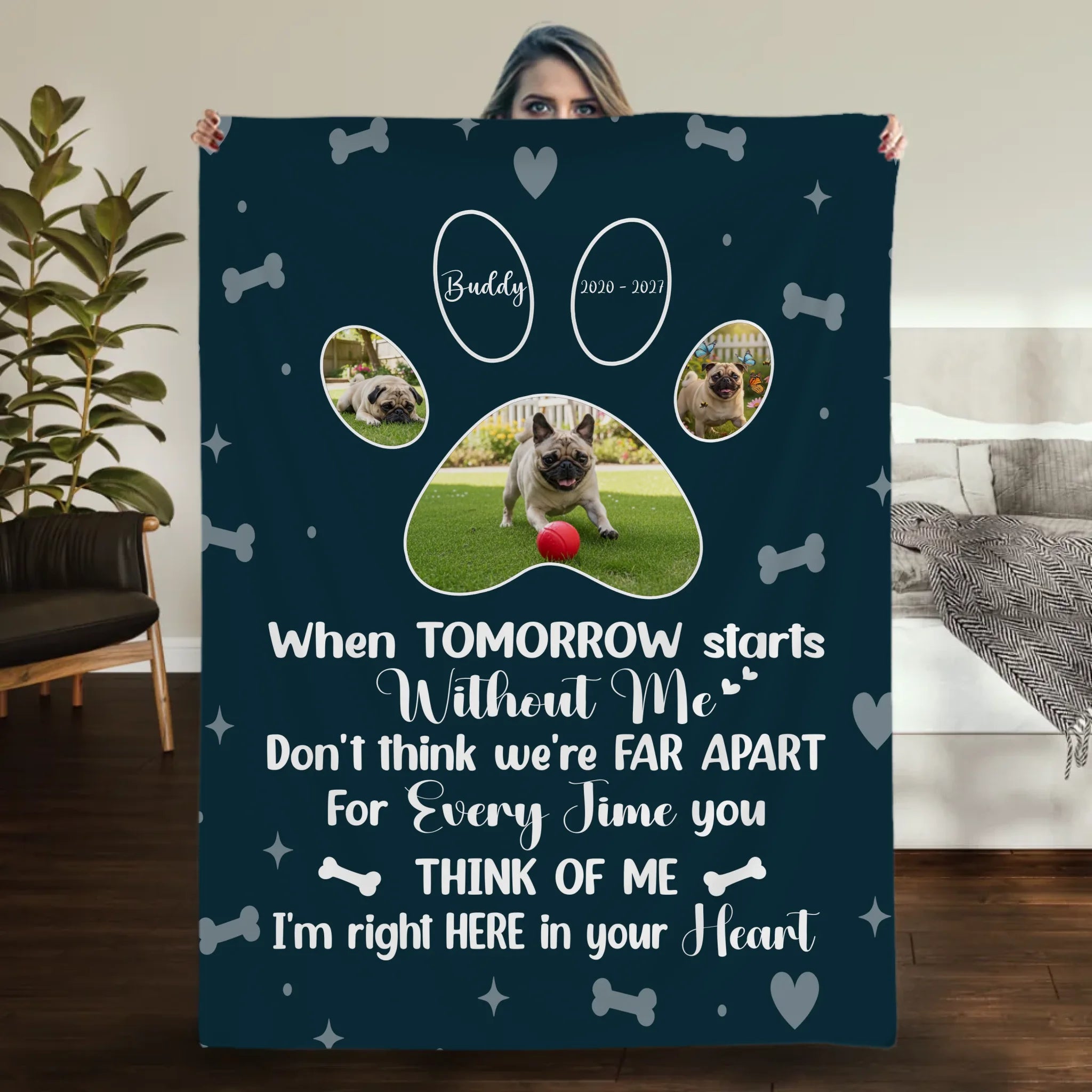 Personalized Pug Memorial Blanket - When Tomorrow Starts Without Me, Photo Paws Print | 89Prints