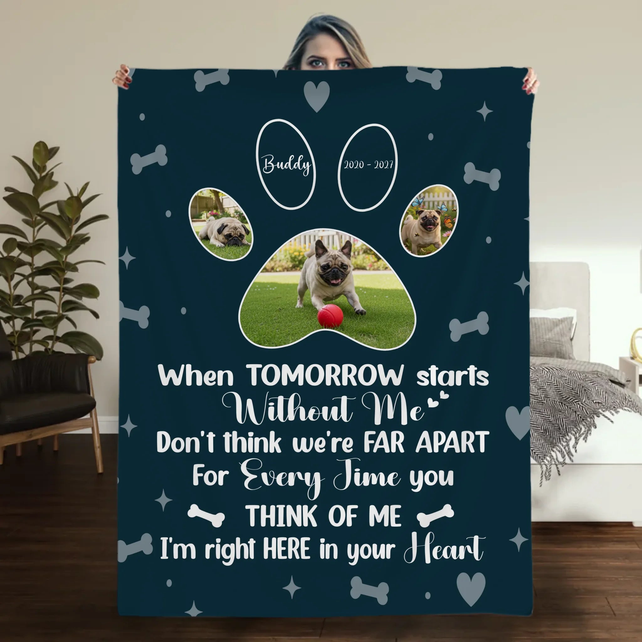Personalized Pug Memorial Blanket - When Tomorrow Starts Without Me, Photo Paws Print | 89Prints