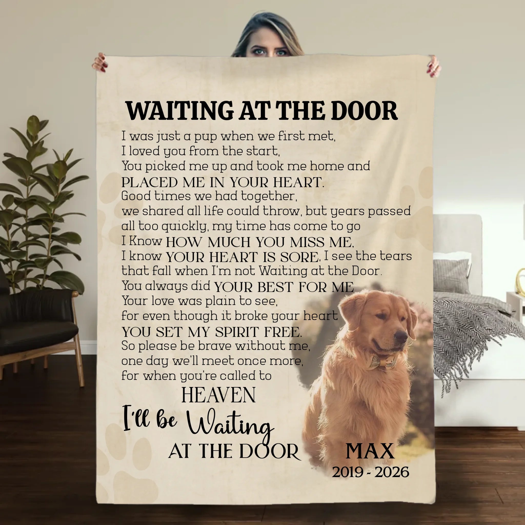 Customized Dog Memory Blanket - Waiting At The Door, Dog Photo With Name For Dog Passing - 89Prints