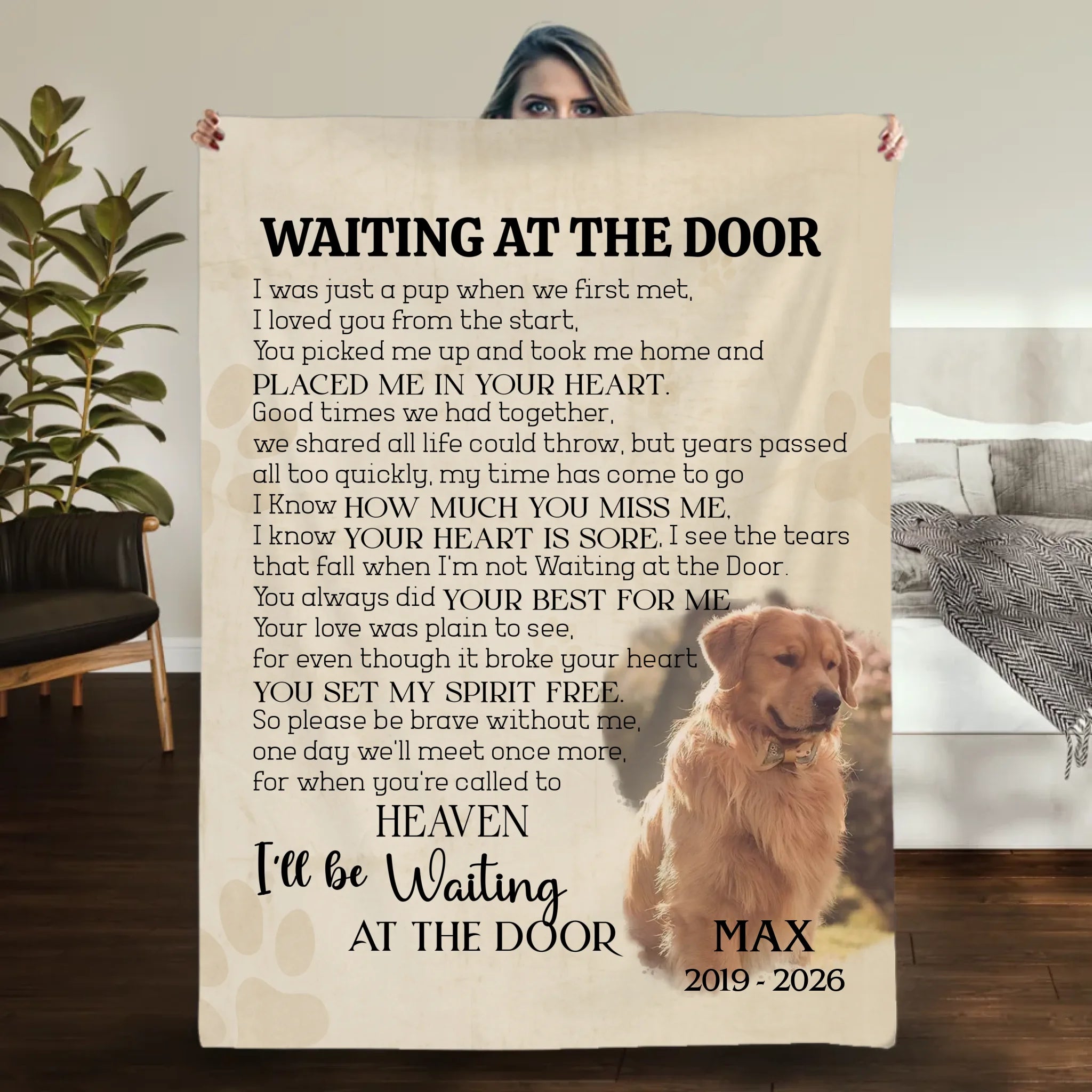 Customized Dog Memory Blanket - Waiting At The Door, Dog Photo With Name For Dog Passing - 89Prints