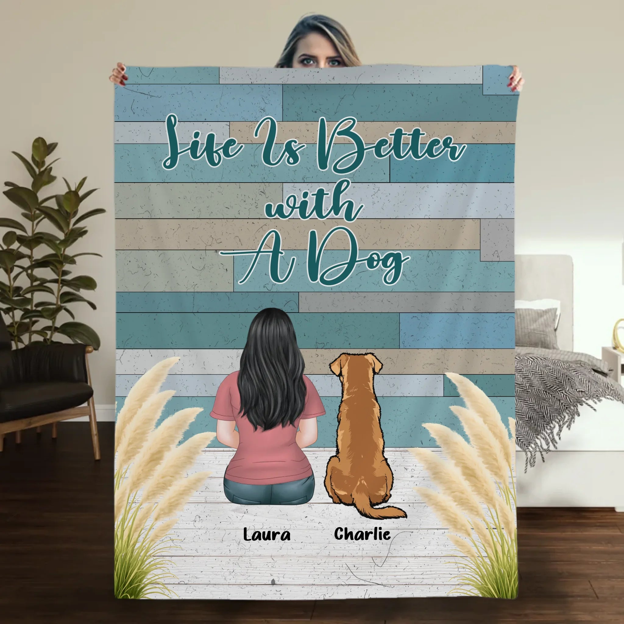 Custom Dog Lover Blanket – Personalized Back View Girl and Dog Rustic Print Wood Art - 89Prints