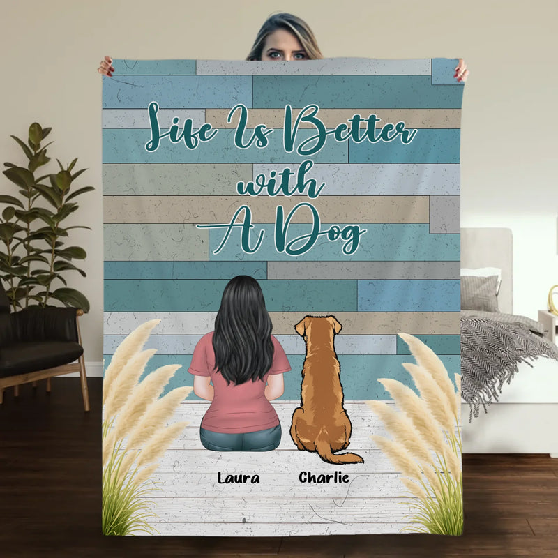 Custom Dog Lover Blanket – Personalized Back View Girl and Dog Rustic Print Wood Art - 89Prints