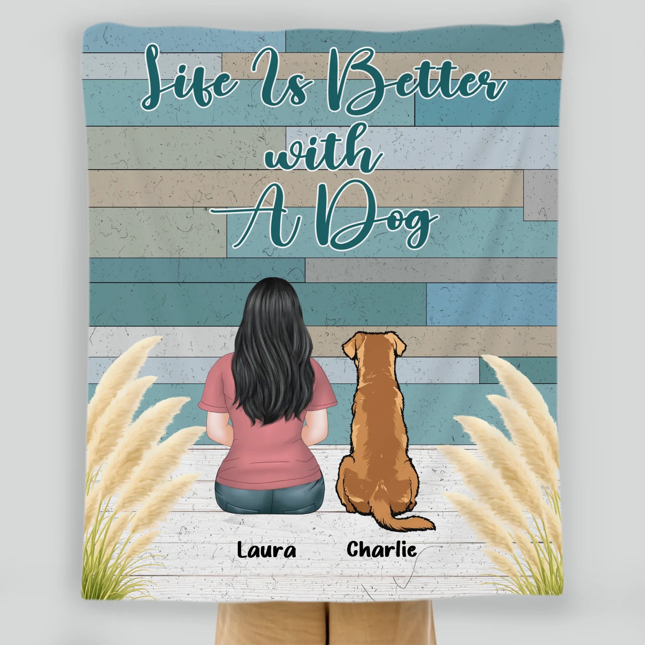 Custom Dog Lover Blanket – Personalized Back View Girl and Dog Rustic Print Wood Art - 89Prints