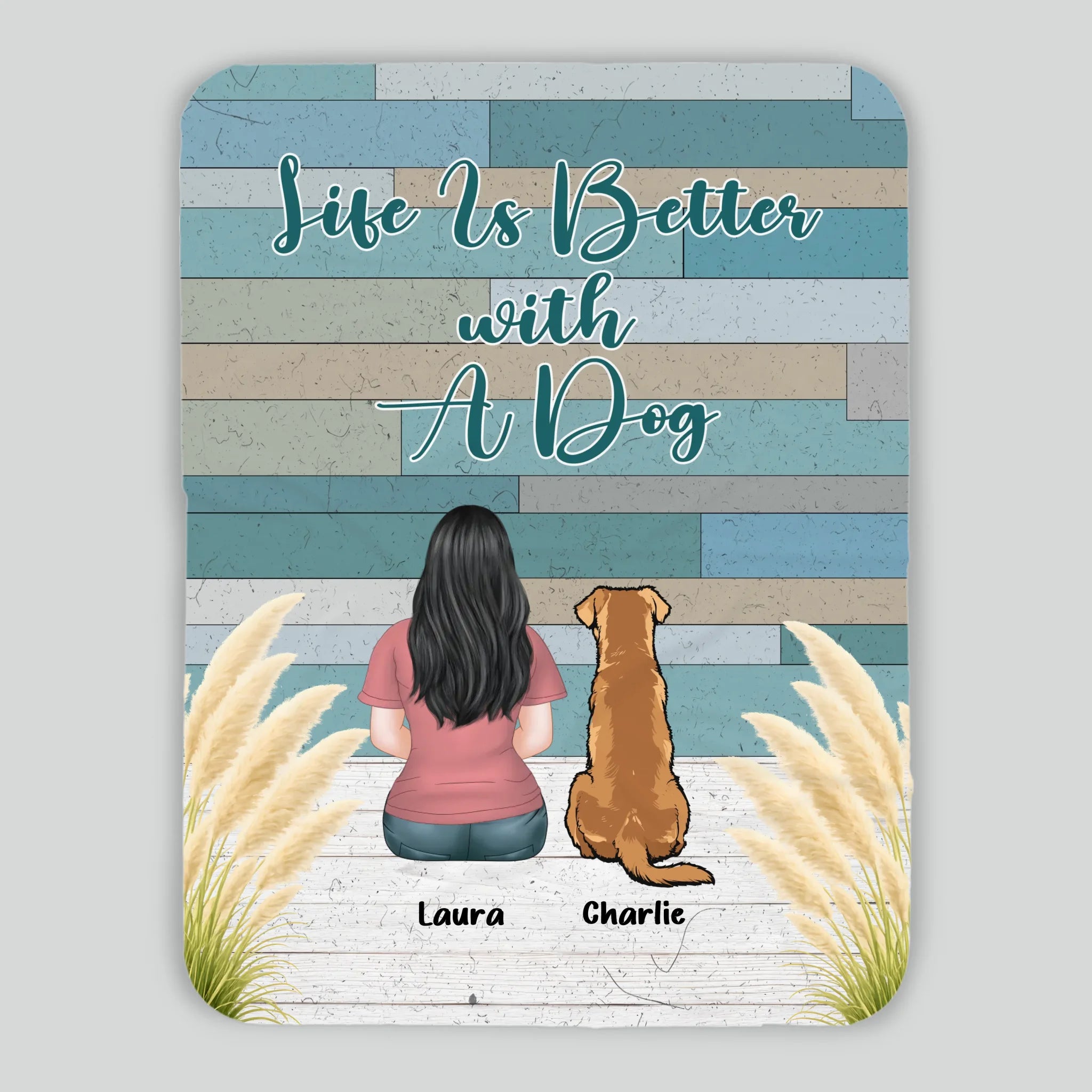 Custom Dog Lover Blanket – Personalized Back View Girl and Dog Rustic Print Wood Art - 89Prints