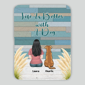 Custom Dog Lover Blanket – Personalized Back View Girl and Dog Rustic Print Wood Art - 89Prints