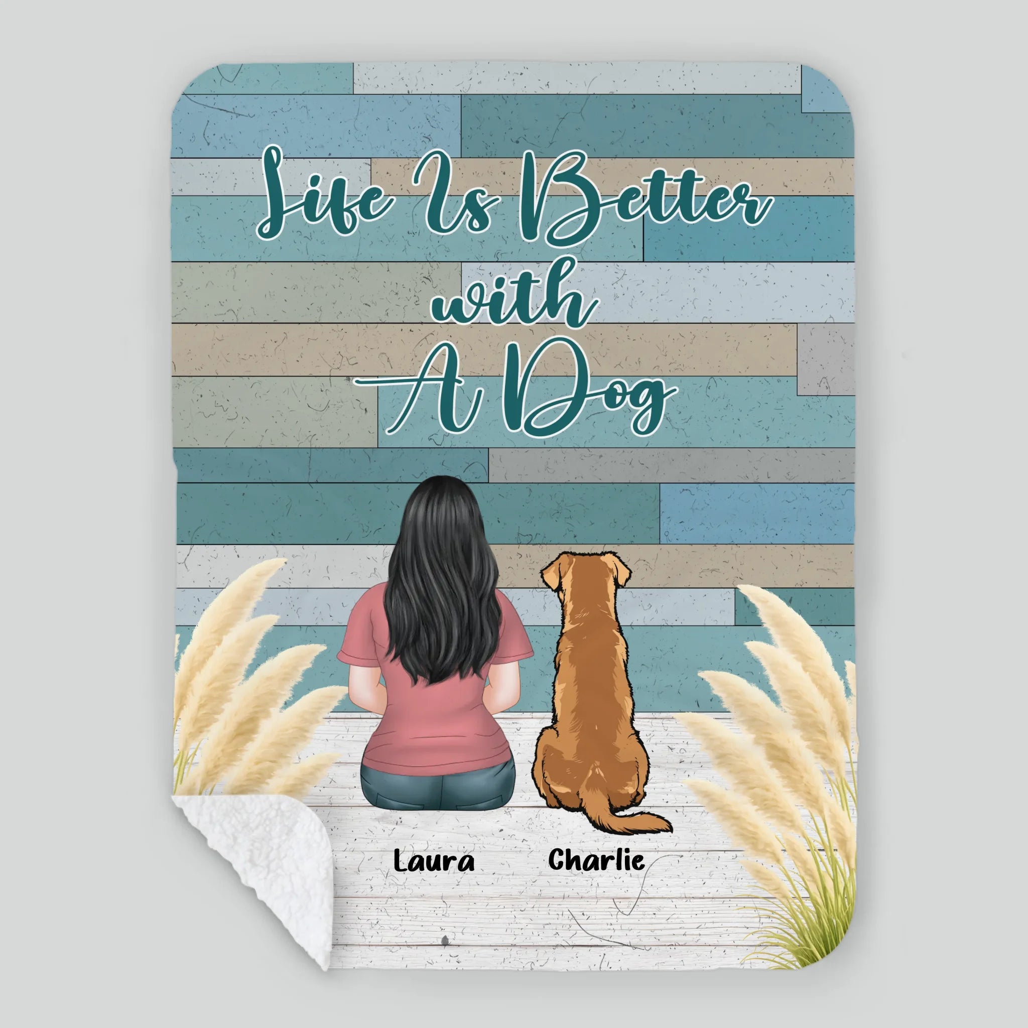 Custom Dog Lover Blanket – Personalized Back View Girl and Dog Rustic Print Wood Art - 89Prints