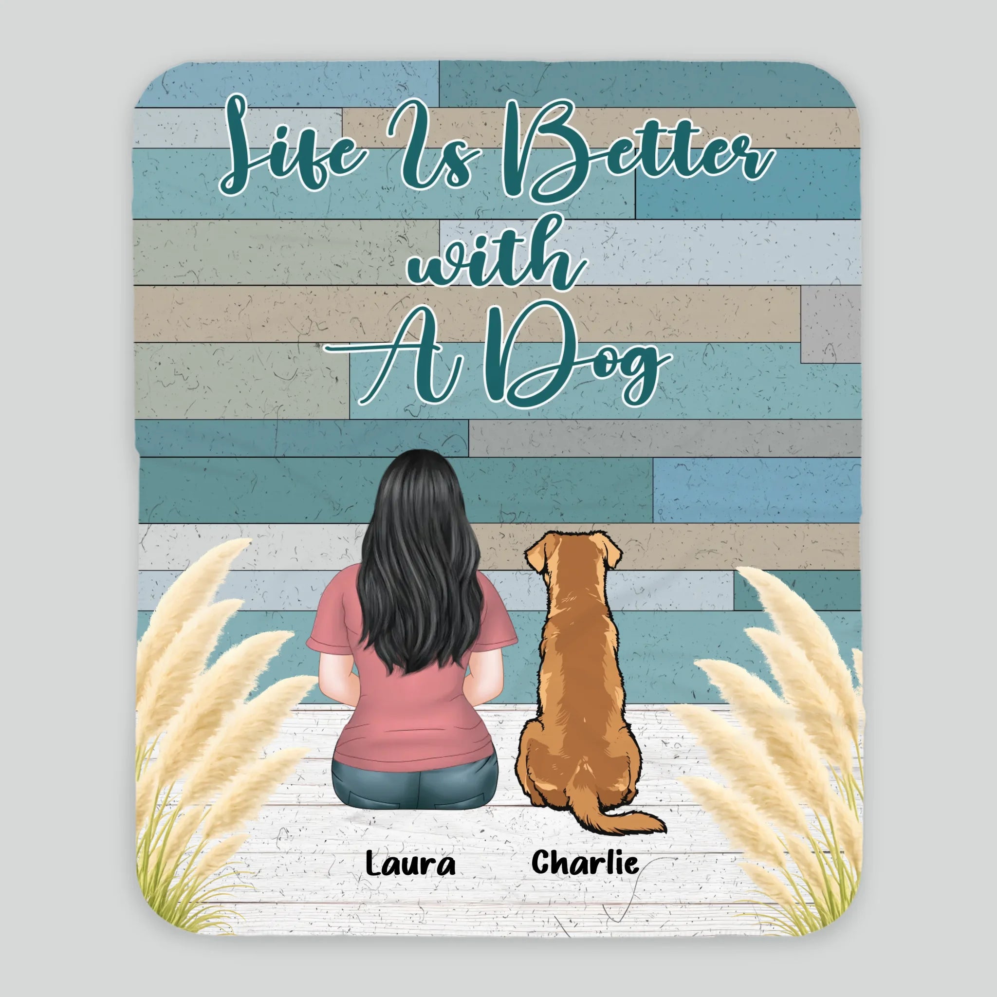 Custom Dog Lover Blanket – Personalized Back View Girl and Dog Rustic Print Wood Art - 89Prints
