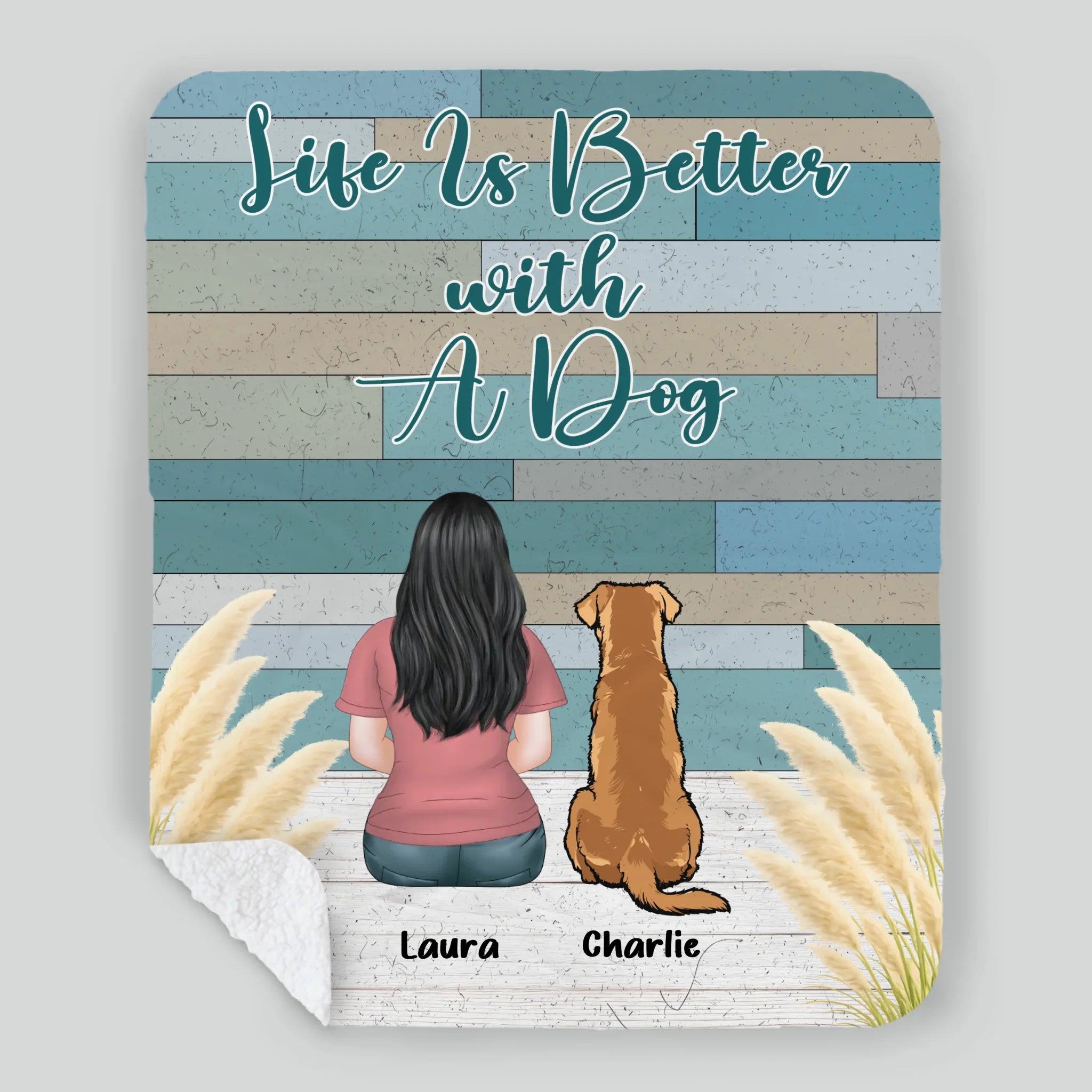 Custom Dog Lover Blanket – Personalized Back View Girl and Dog Rustic Print Wood Art - 89Prints