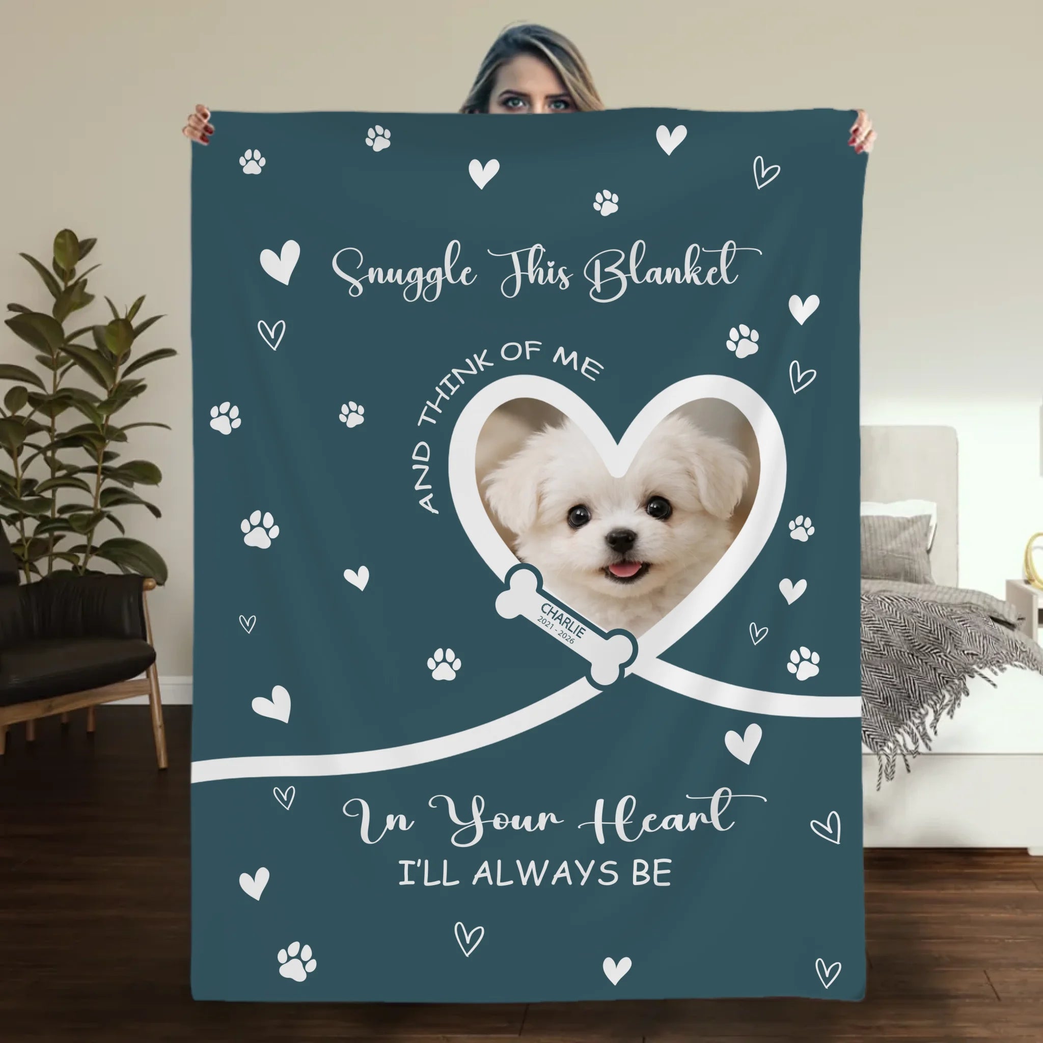 Custom Dog Lover Gift Blanket - Snuggle Message with Heart Frame & Paw Print Pattern - 89Prints