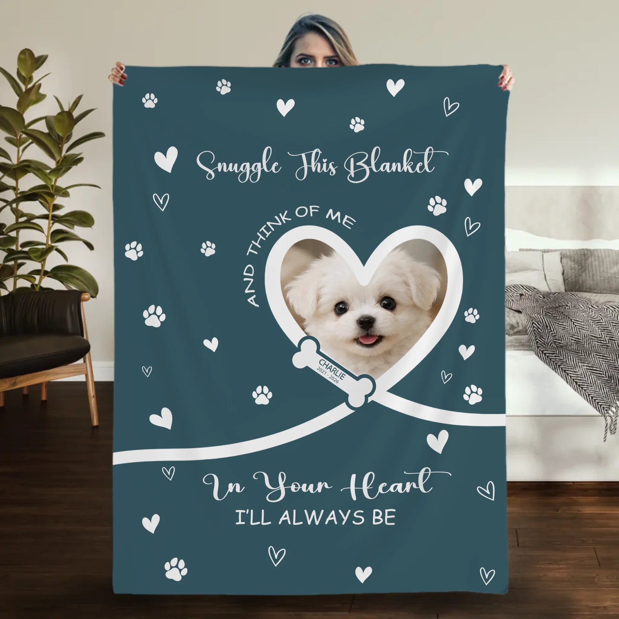 Custom Dog Lover Gift Blanket - Snuggle Message with Heart Frame & Paw Print Pattern - 89Prints