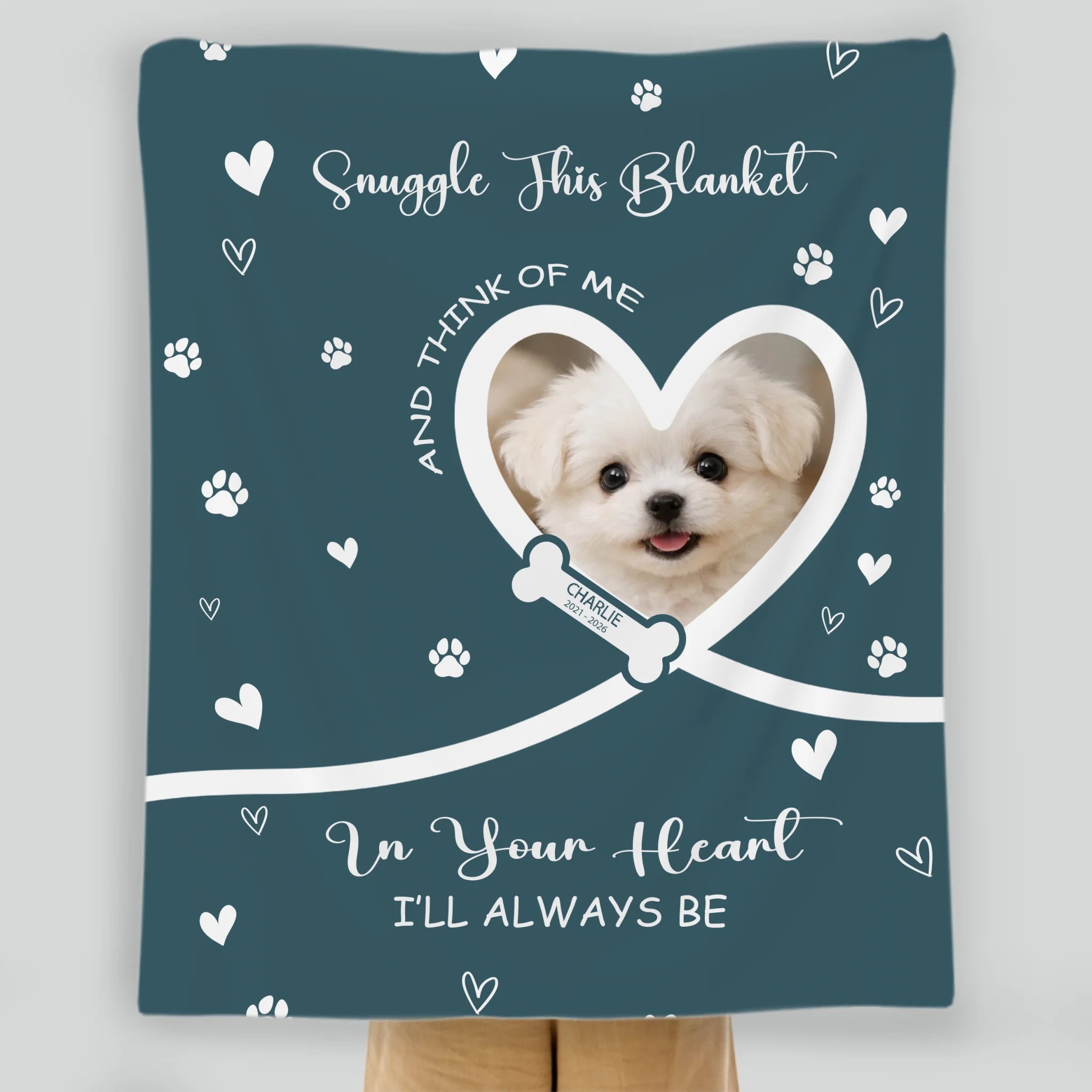 Custom Dog Lover Gift Blanket - Snuggle Message with Heart Frame & Paw Print Pattern - 89Prints