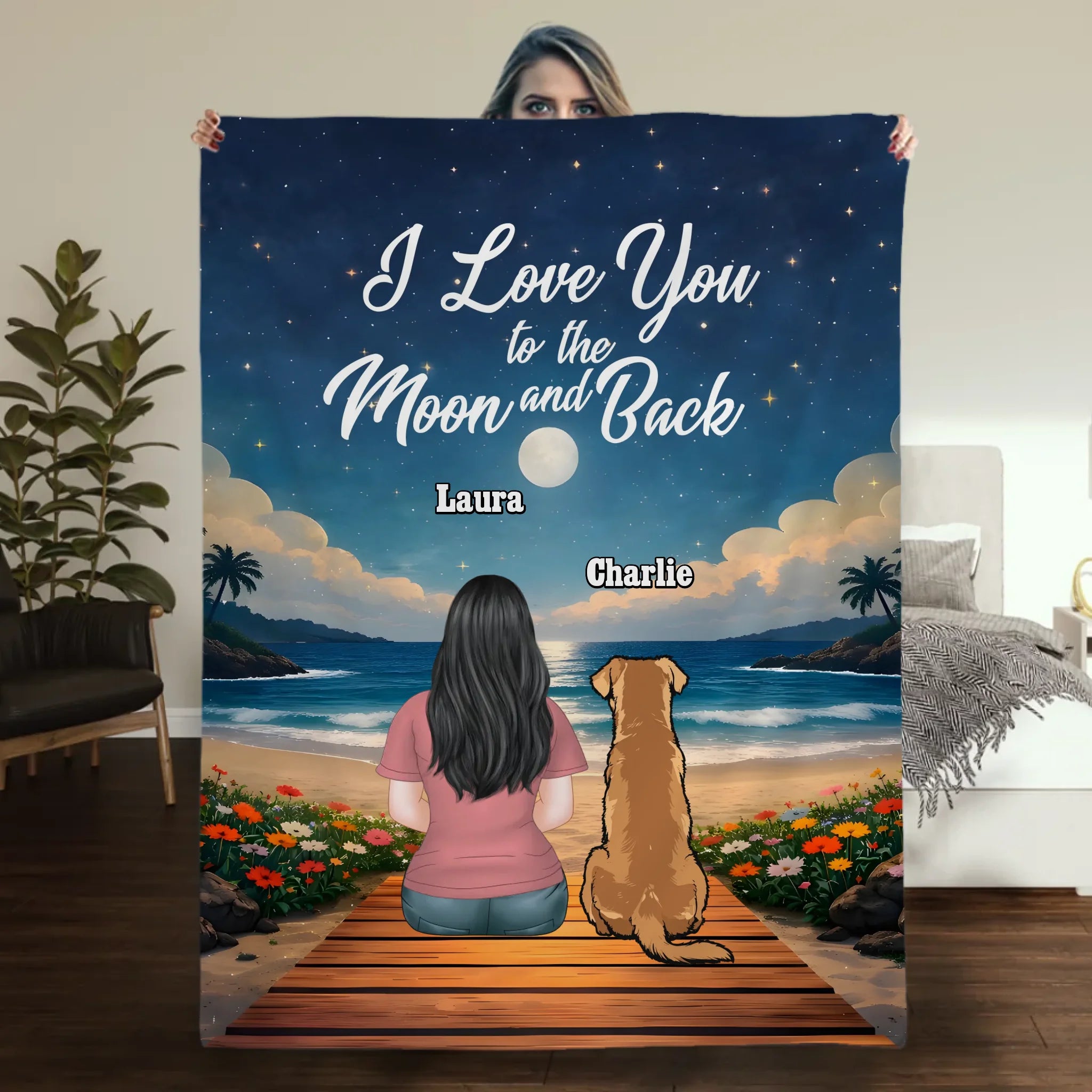 Custom Dog Print Blanket - Girl and Dog Sitting Together Under Starry Sky by the Sea for Dog Mom - 89Prints