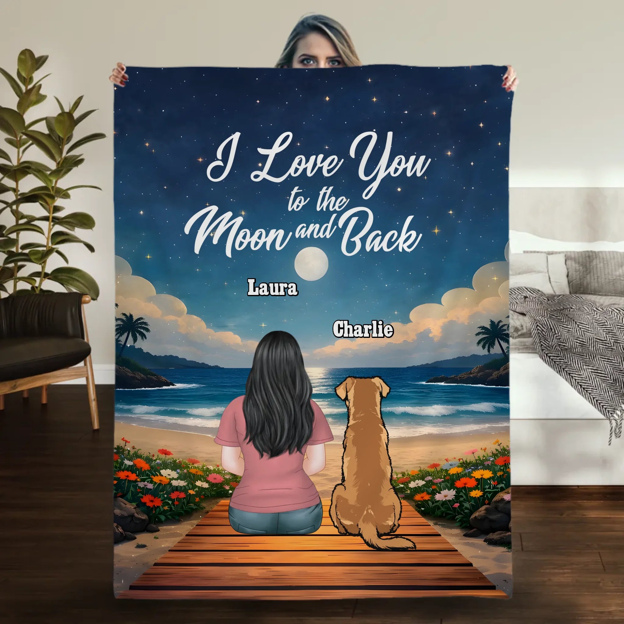 Custom Dog Print Blanket - Girl and Dog Sitting Together Under Starry Sky by the Sea for Dog Mom - 89Prints