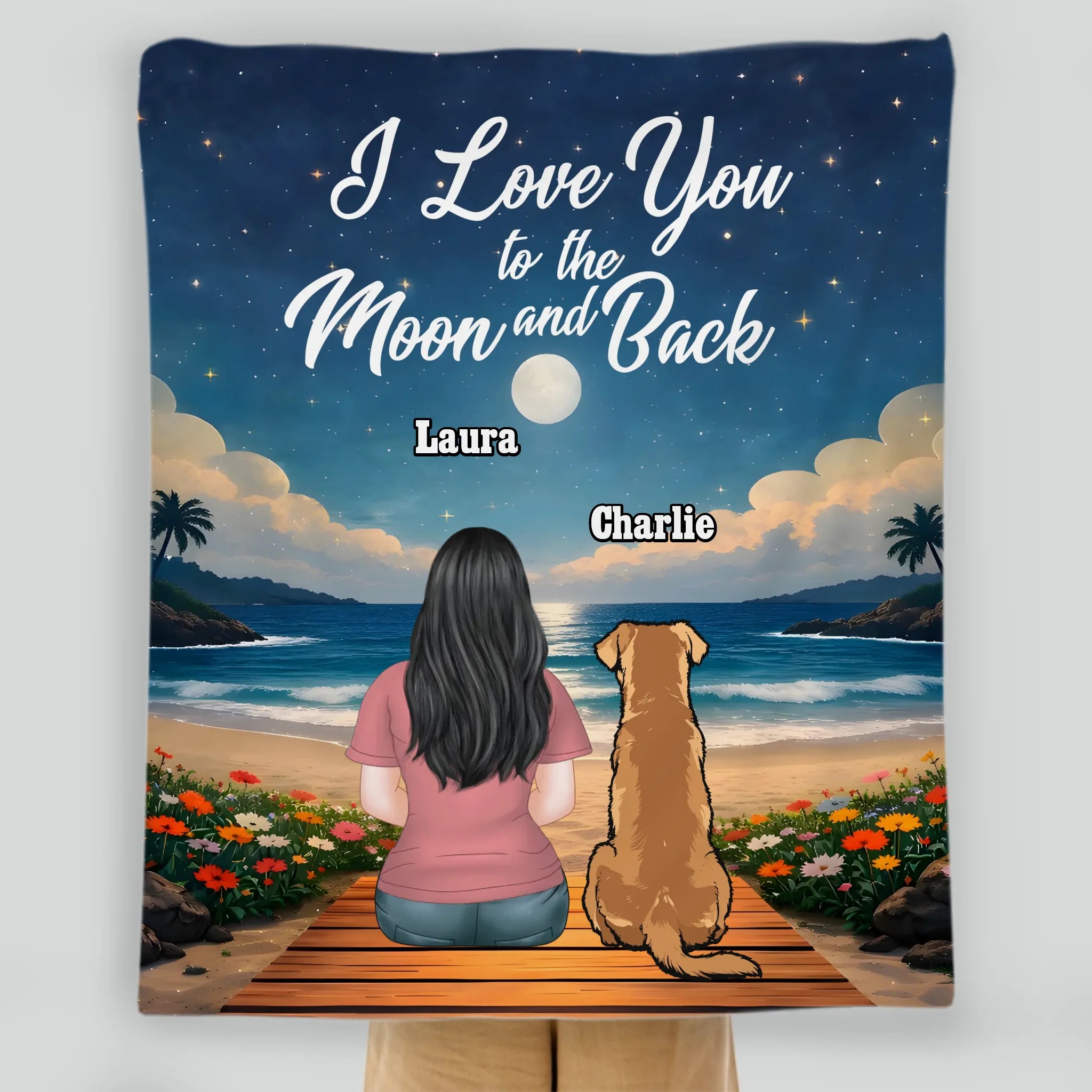 Custom Dog Print Blanket - Girl and Dog Sitting Together Under Starry Sky by the Sea for Dog Mom - 89Prints