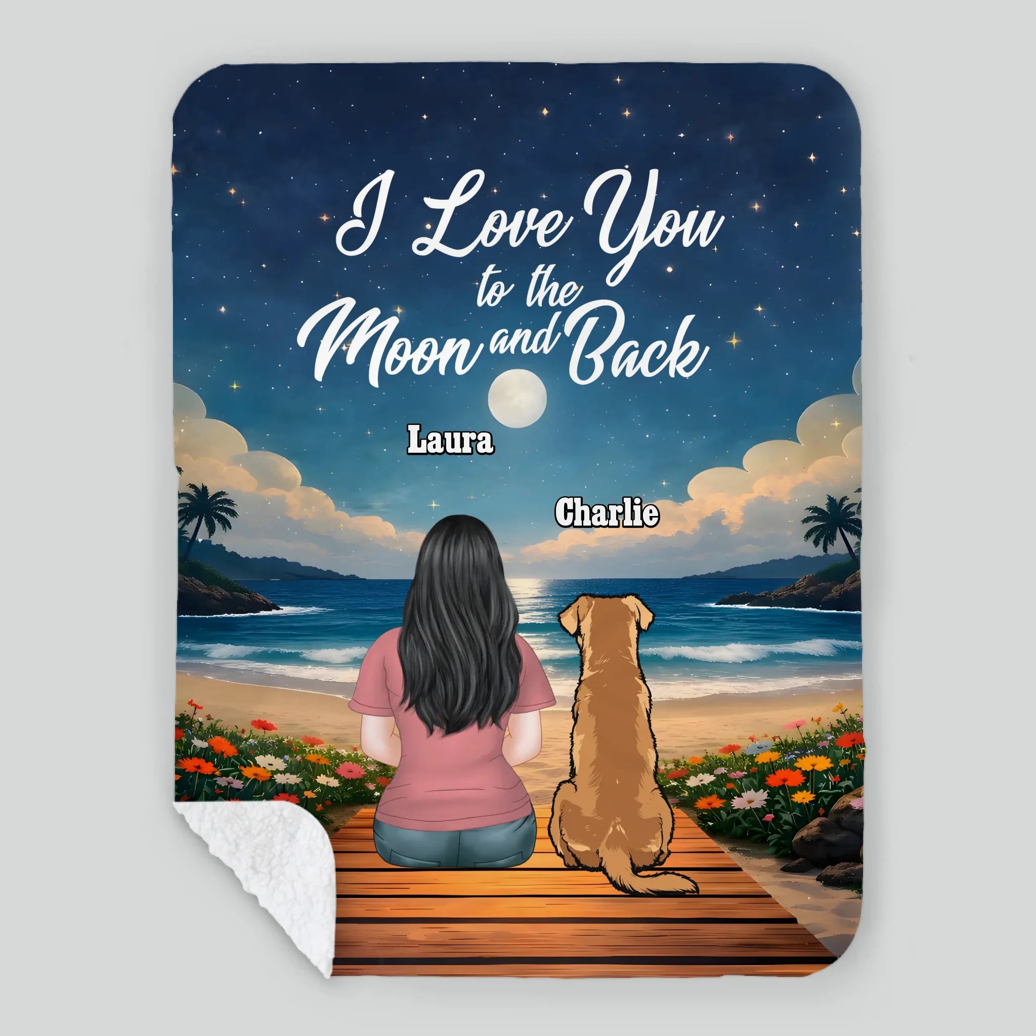 Custom Dog Print Blanket - Girl and Dog Sitting Together Under Starry Sky by the Sea for Dog Mom - 89Prints
