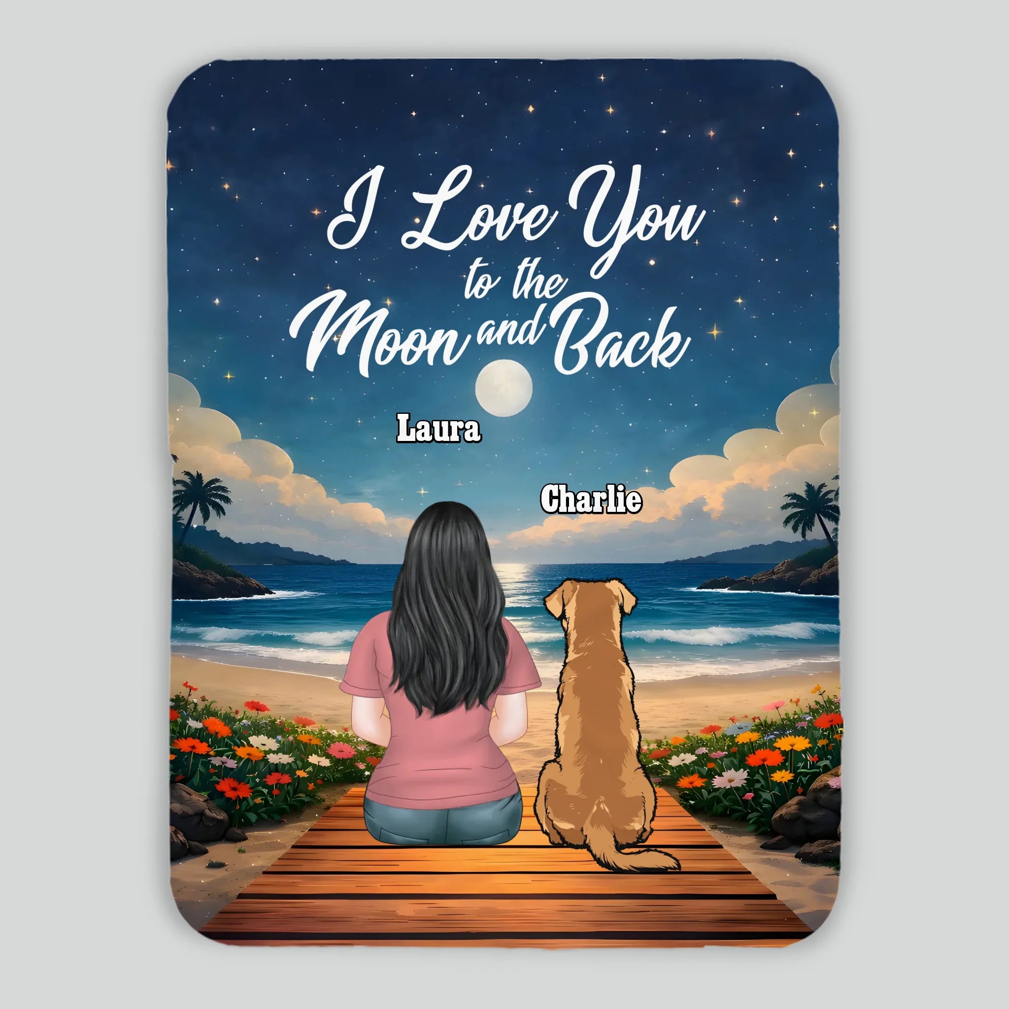 Custom Dog Print Blanket - Girl and Dog Sitting Together Under Starry Sky by the Sea for Dog Mom - 89Prints