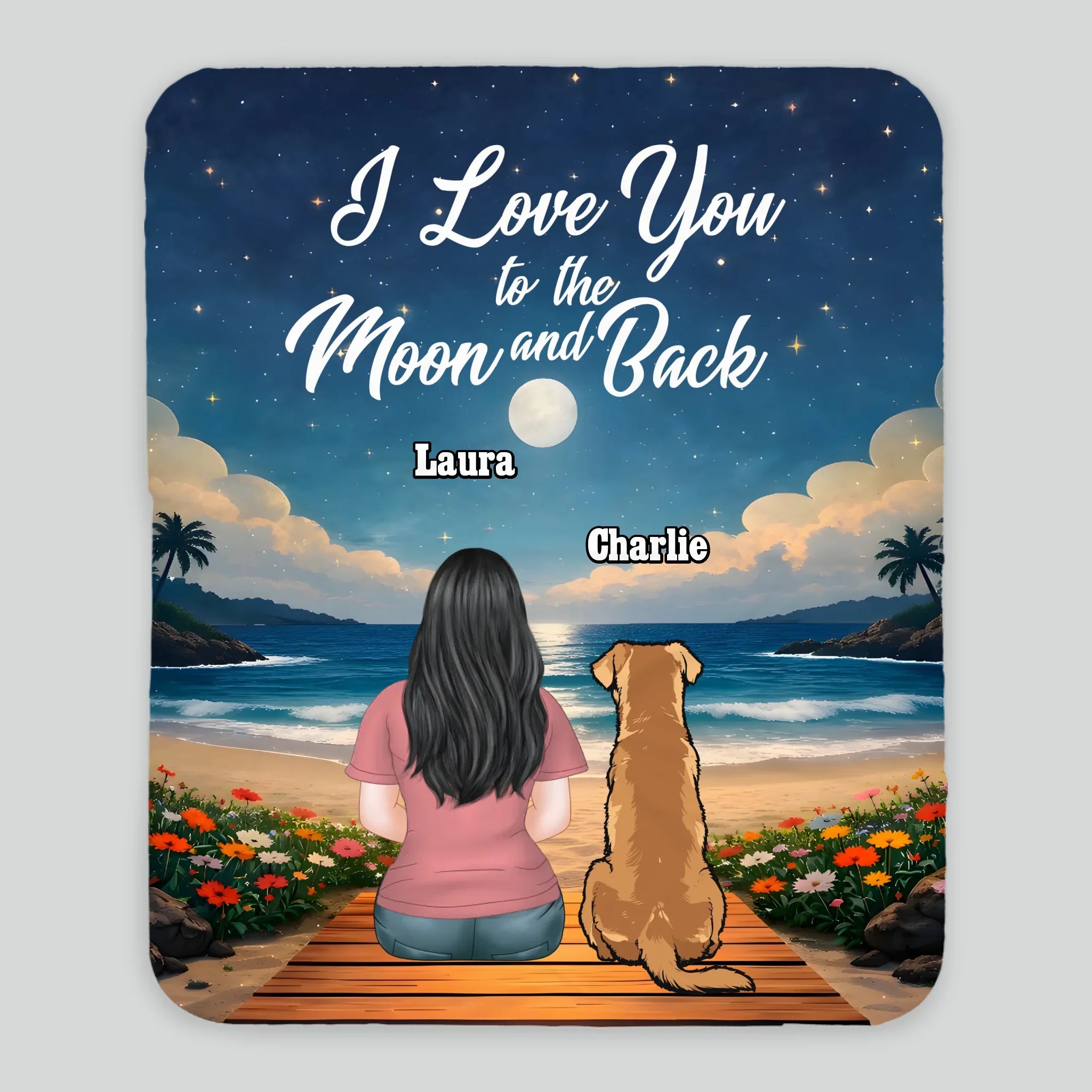 Custom Dog Print Blanket - Girl and Dog Sitting Together Under Starry Sky by the Sea for Dog Mom - 89Prints