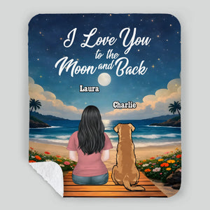 Custom Dog Print Blanket - Girl and Dog Sitting Together Under Starry Sky by the Sea for Dog Mom - 89Prints