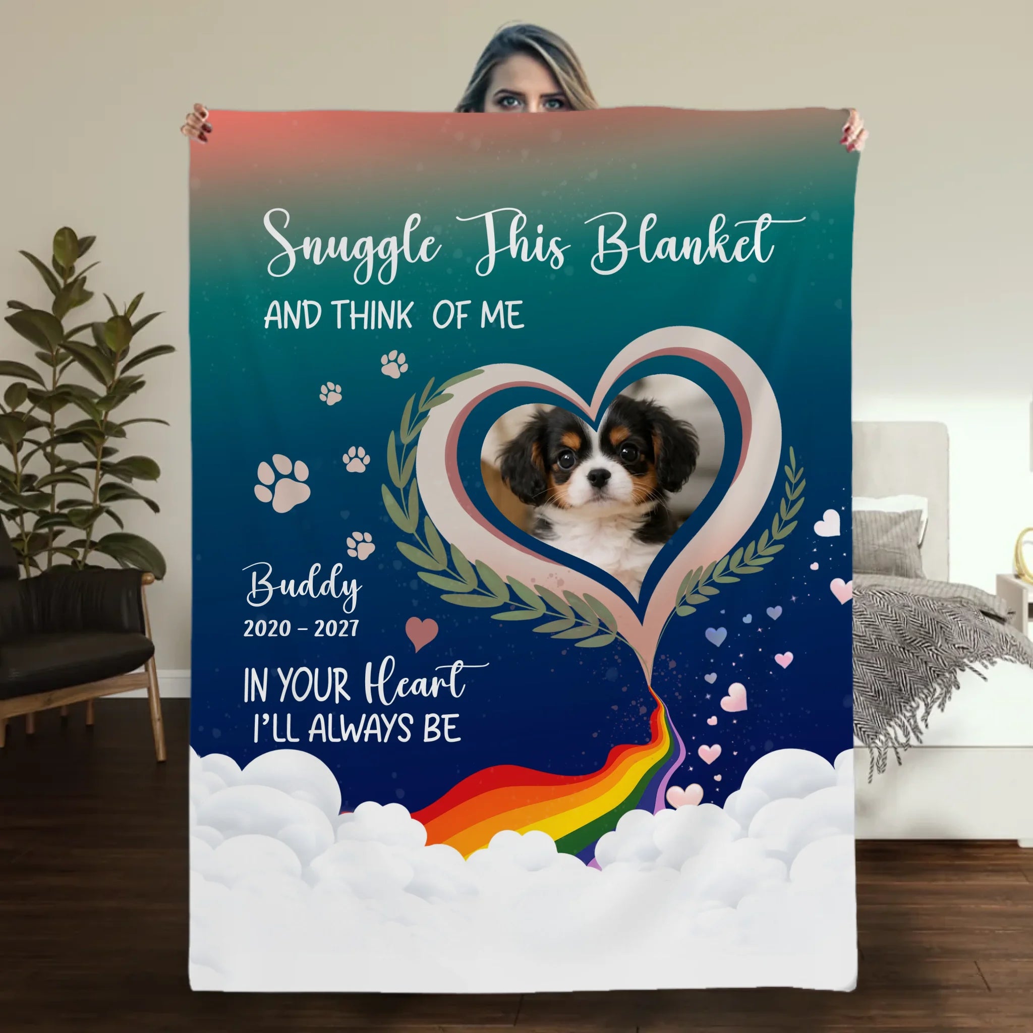 Custom Dog Photo Memorial Blanket - Snuggle This Blanket with Paw Prints and Hearts for Dog Parents - 89Prints