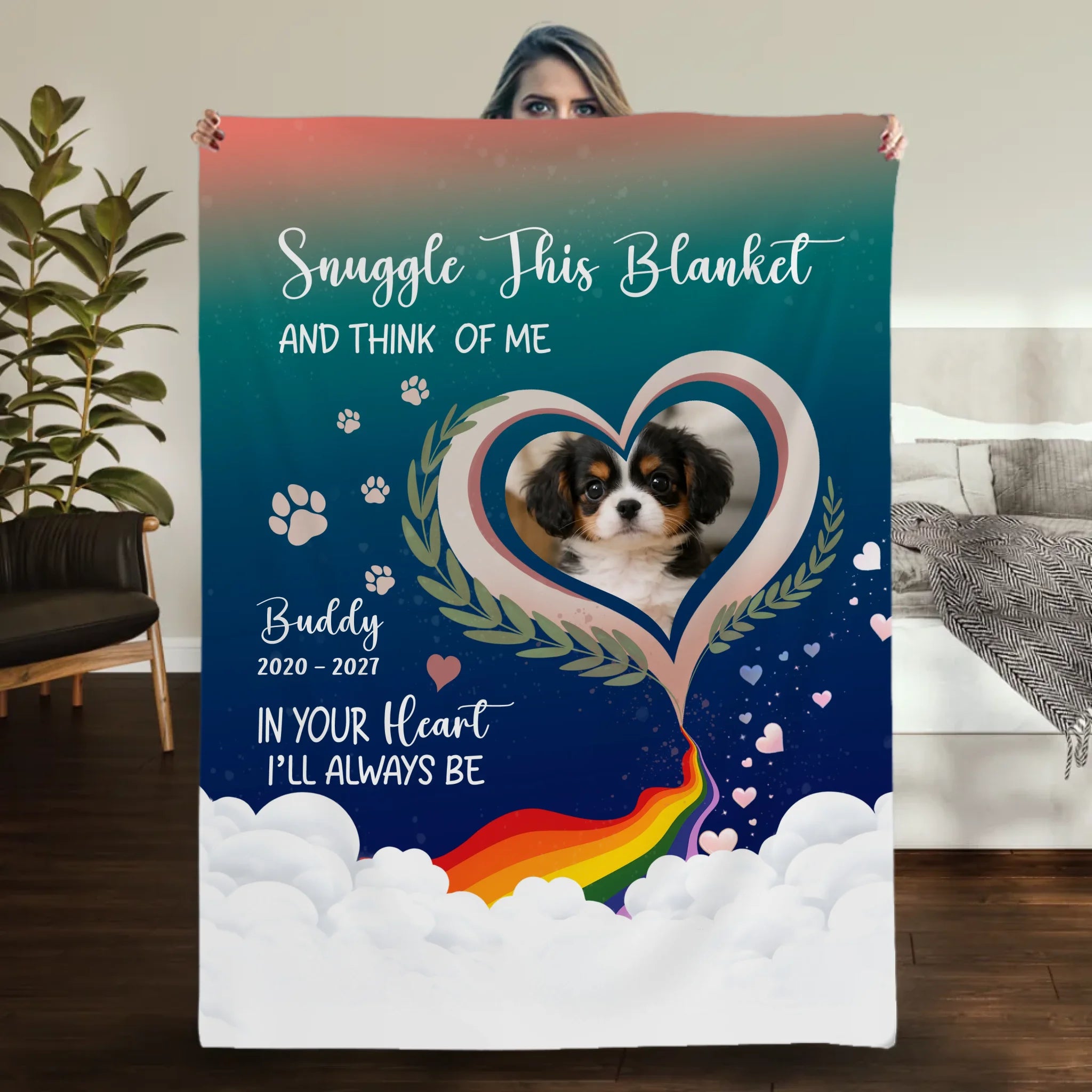 Custom Dog Photo Memorial Blanket - Snuggle This Blanket with Paw Prints and Hearts for Dog Parents - 89Prints