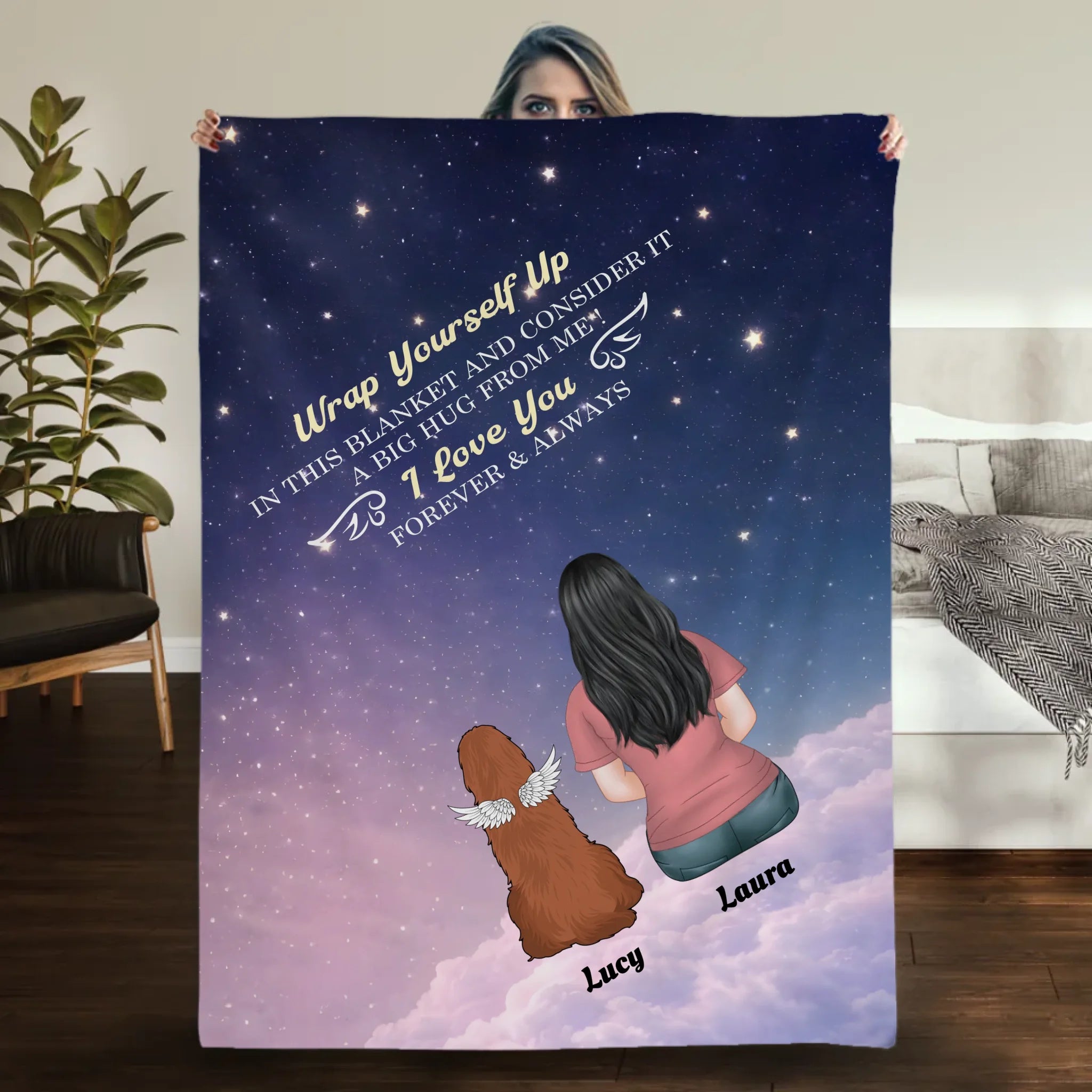 Customizable Dog Memorial Blanket - Girl and Angel Dog Sitting on Clouds Starry Night Design - 89Prints
