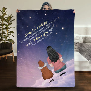 Customizable Dog Memorial Blanket - Girl and Angel Dog Sitting on Clouds Starry Night Design - 89Prints