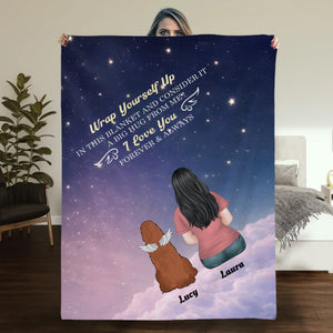 Customizable Dog Memorial Blanket - Girl and Angel Dog Sitting on Clouds Starry Night Design - 89Prints
