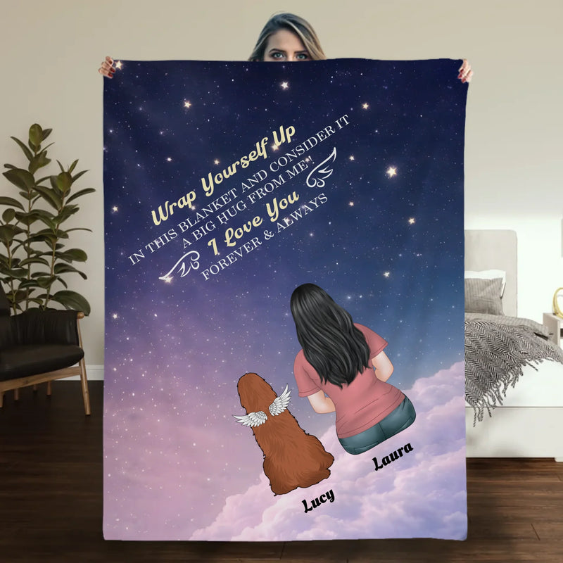 Customizable Dog Memorial Blanket - Girl and Angel Dog Sitting on Clouds Starry Night Design - 89Prints
