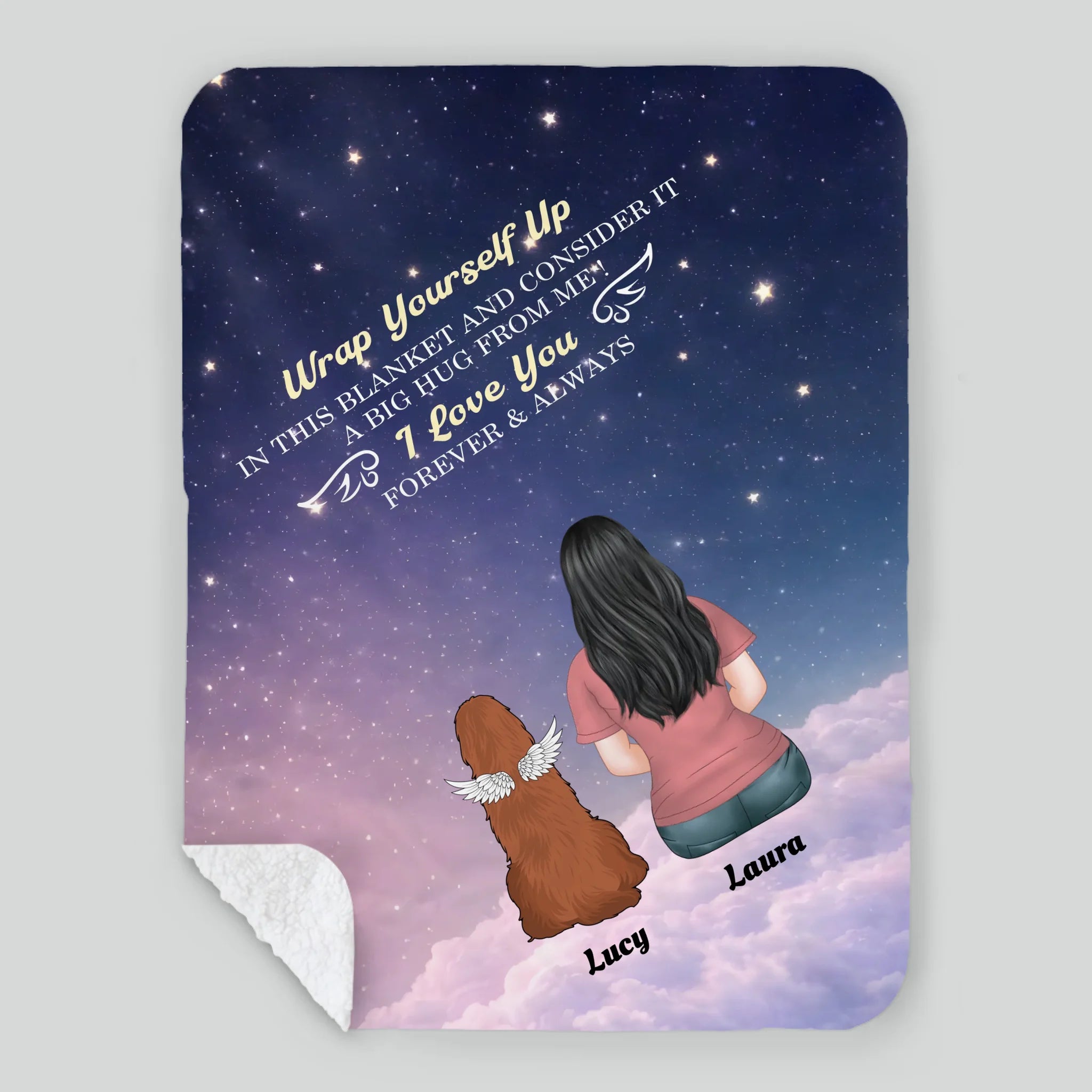 Customizable Dog Memorial Blanket - Girl and Angel Dog Sitting on Clouds Starry Night Design - 89Prints