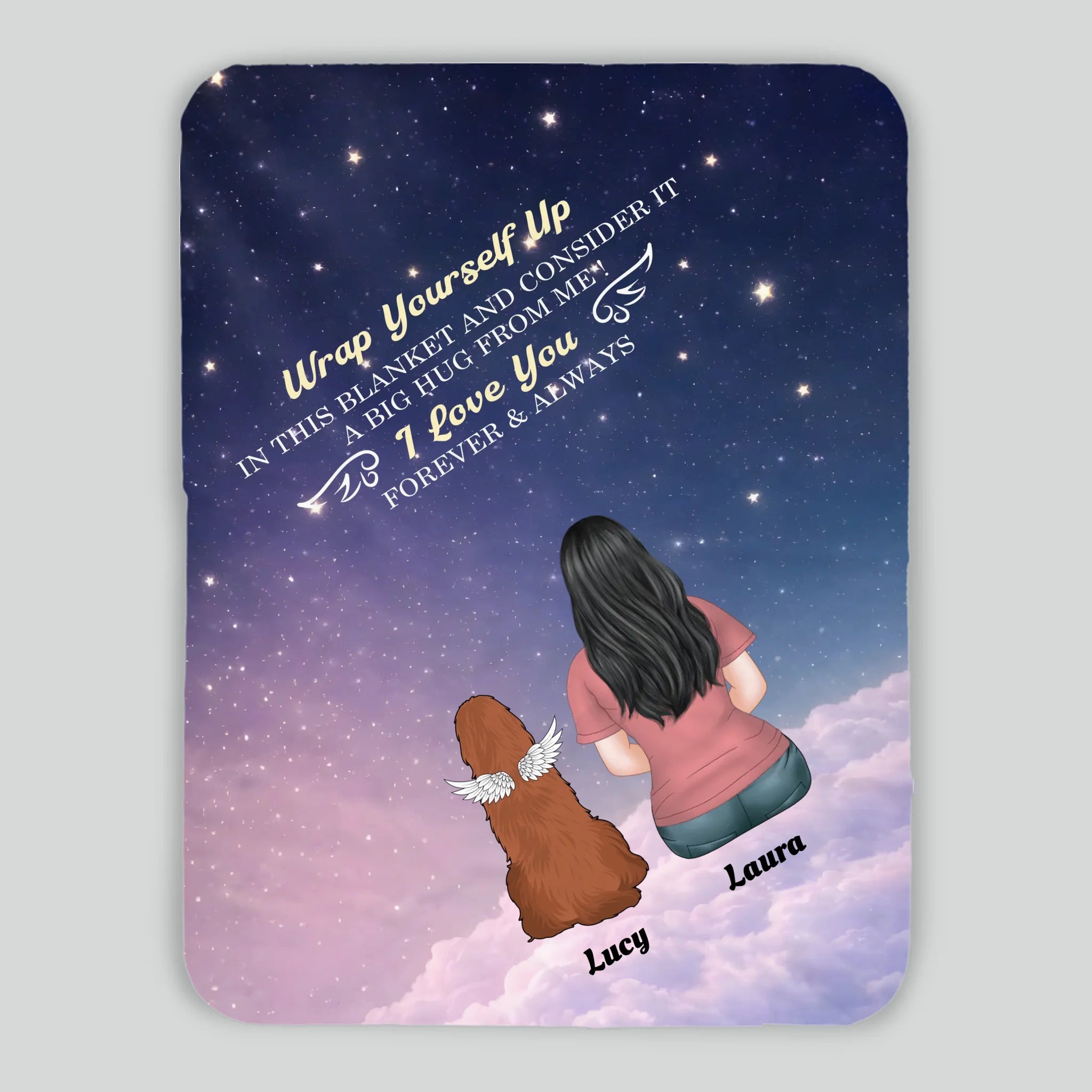 Customizable Dog Memorial Blanket - Girl and Angel Dog Sitting on Clouds Starry Night Design - 89Prints