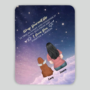 Customizable Dog Memorial Blanket - Girl and Angel Dog Sitting on Clouds Starry Night Design - 89Prints