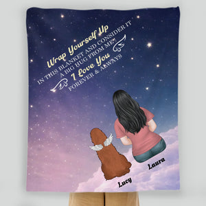 Customizable Dog Memorial Blanket - Girl and Angel Dog Sitting on Clouds Starry Night Design - 89Prints