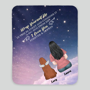 Customizable Dog Memorial Blanket - Girl and Angel Dog Sitting on Clouds Starry Night Design - 89Prints