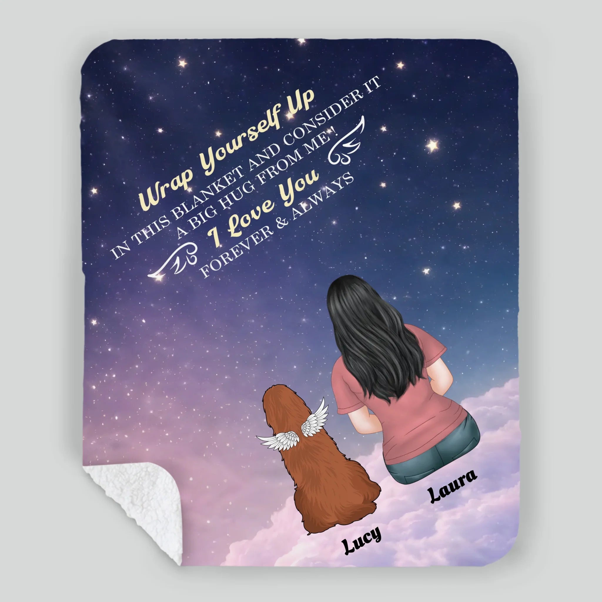 Customizable Dog Memorial Blanket - Girl and Angel Dog Sitting on Clouds Starry Night Design - 89Prints