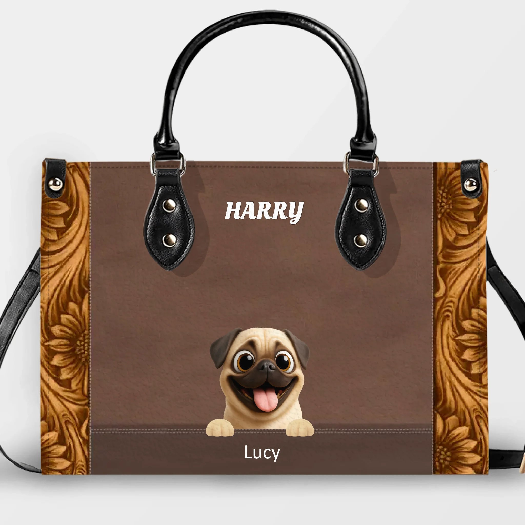 Individualized Pug Leather Handbag – Custom Dog & Cat 3D Art With Name Gifts For Dog Parents | 89Prints