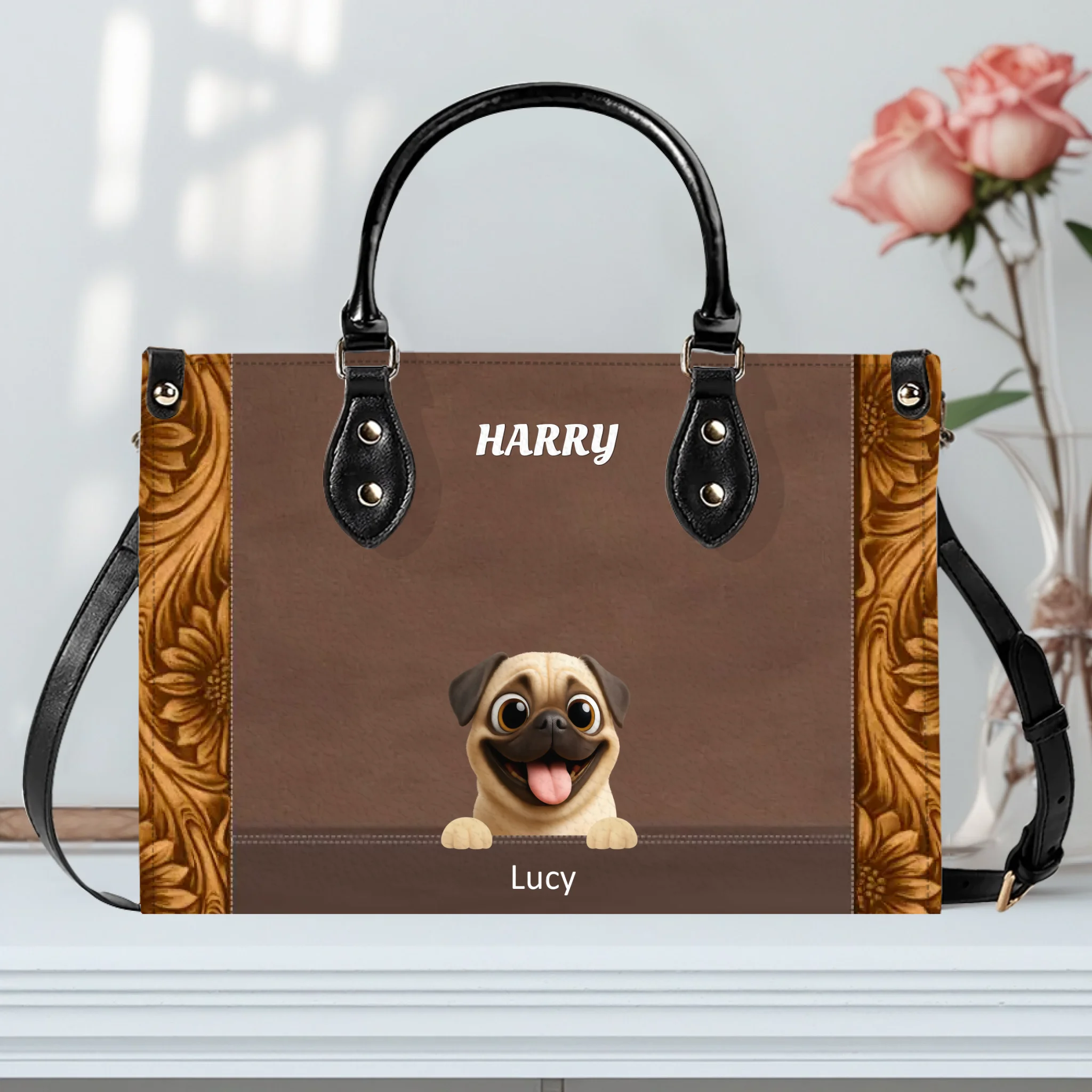 Individualized Pug Leather Handbag – Custom Dog & Cat 3D Art With Name Gifts For Dog Parents | 89Prints