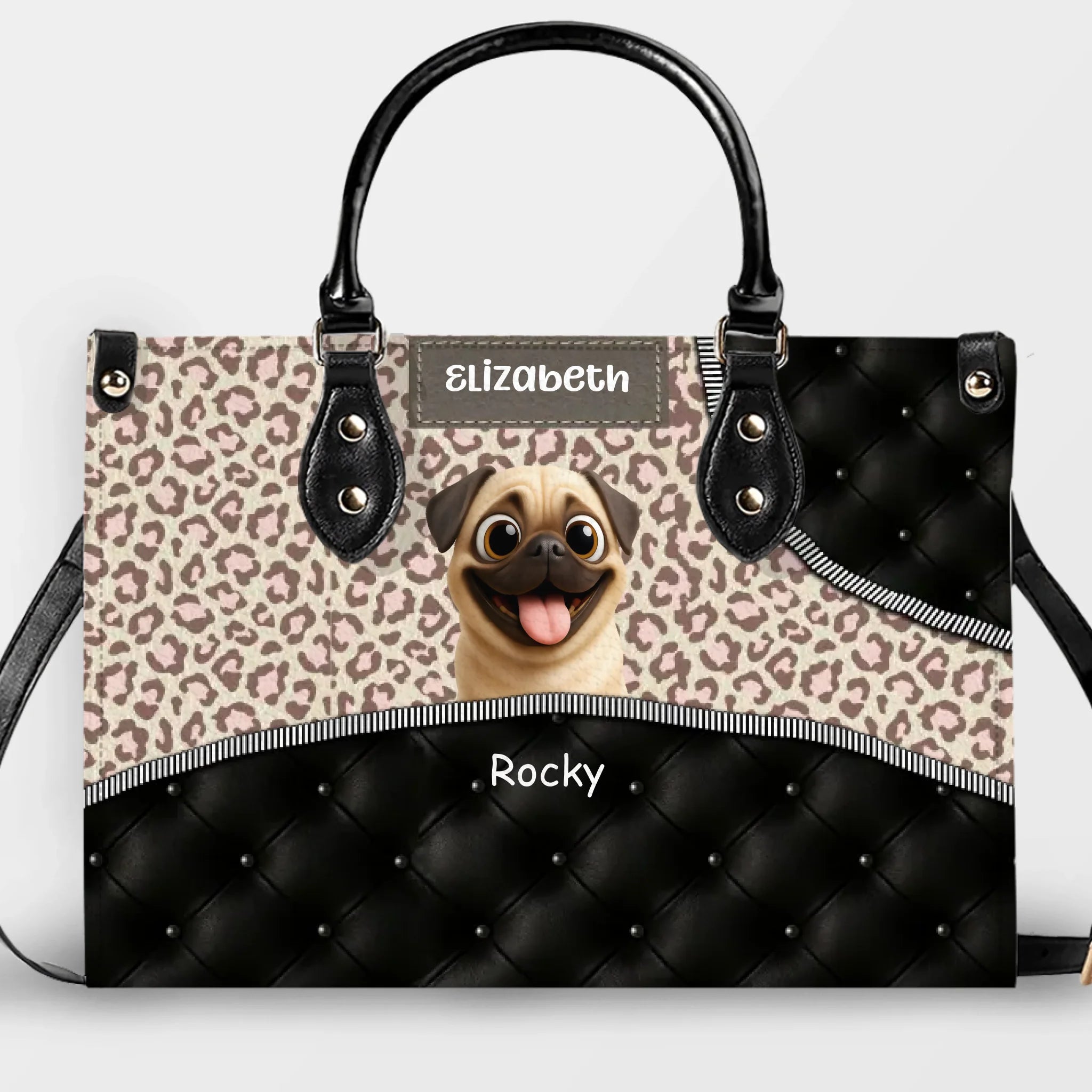 Personalized Pug Lover Leather Handbag - Leopard Pattern Quilted Panel Gift | 89Prints