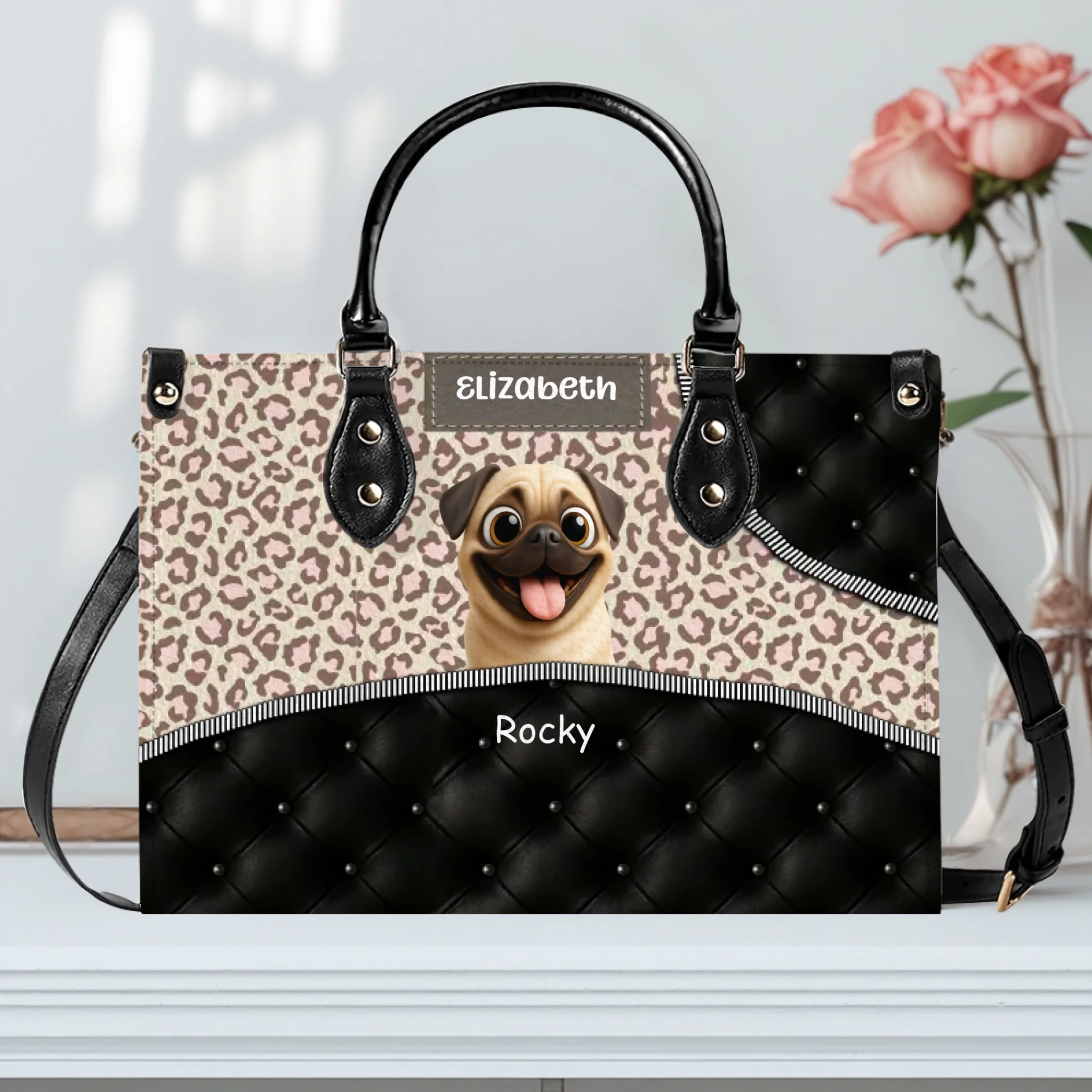 Personalized Pug Lover Leather Handbag - Leopard Pattern Quilted Panel Gift | 89Prints