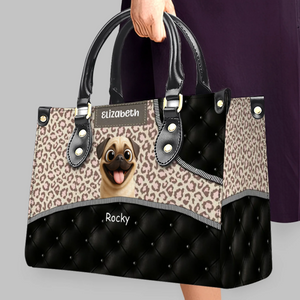 Personalized Pug Lover Leather Handbag - Leopard Pattern Quilted Panel Gift | 89Prints
